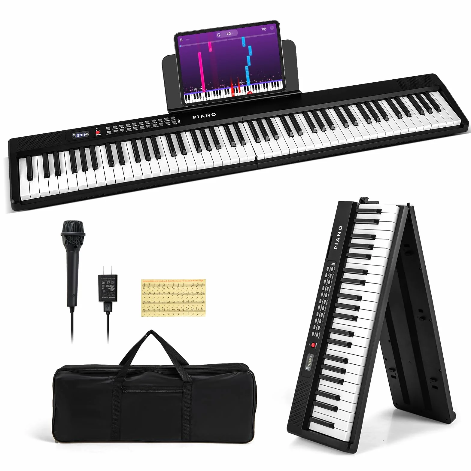 COSTWAY Piano Digital de 88 Teclas, Teclado Piano Eléctrico Plegable, Piano Digital Portátil Semipesado con MIDI, Atril, 1000 Ritmos, 1000 Timbres y Bolsa de Transporte para Niños, Adultos (Negro)