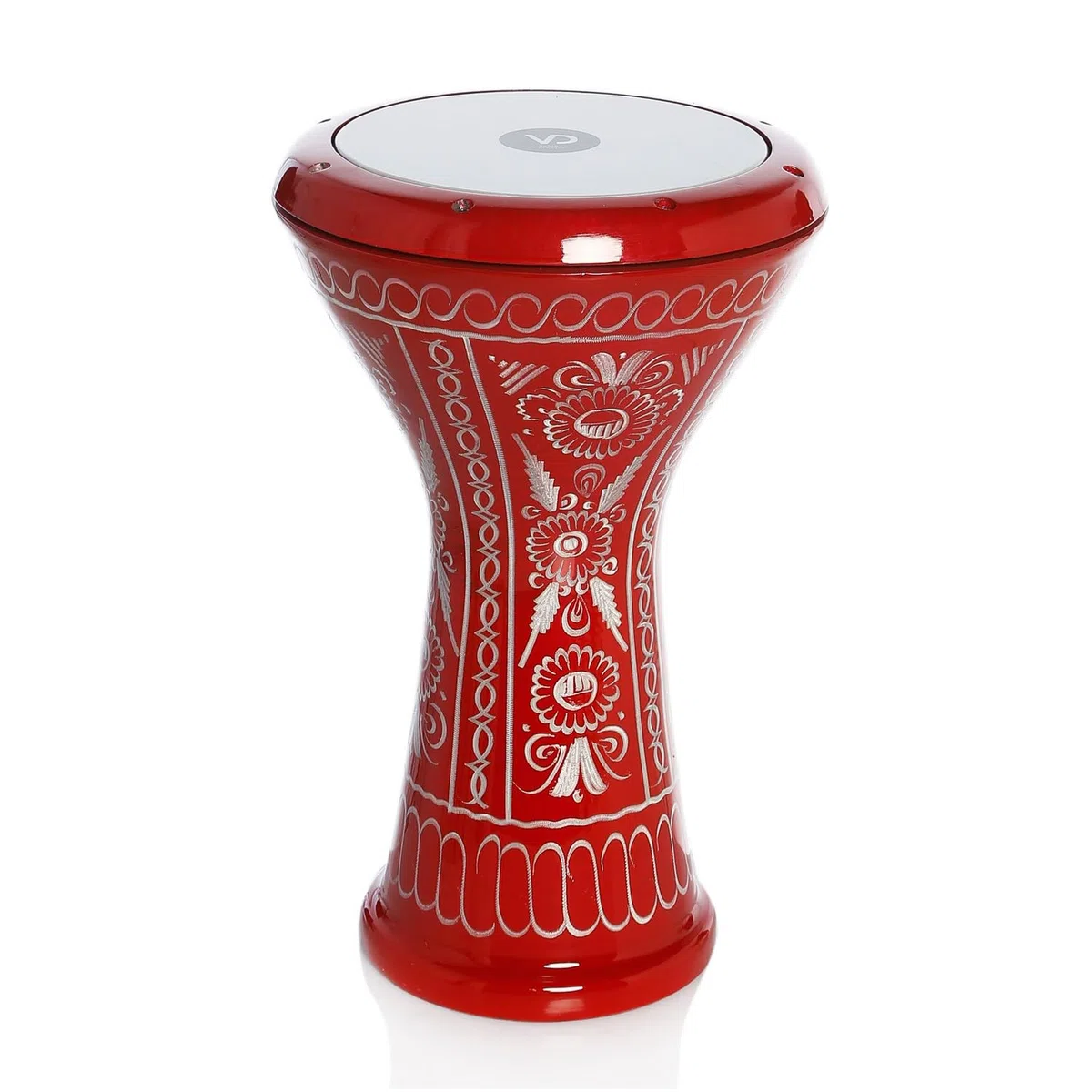 Darbuka Doumbek turco de aluminio fundido, rojo con patrón decorativo, cabeza de 8.5 pulgadas, lengüetas de afinación, cabeza extraíble, funda de transporte y llave de ajuste incluida