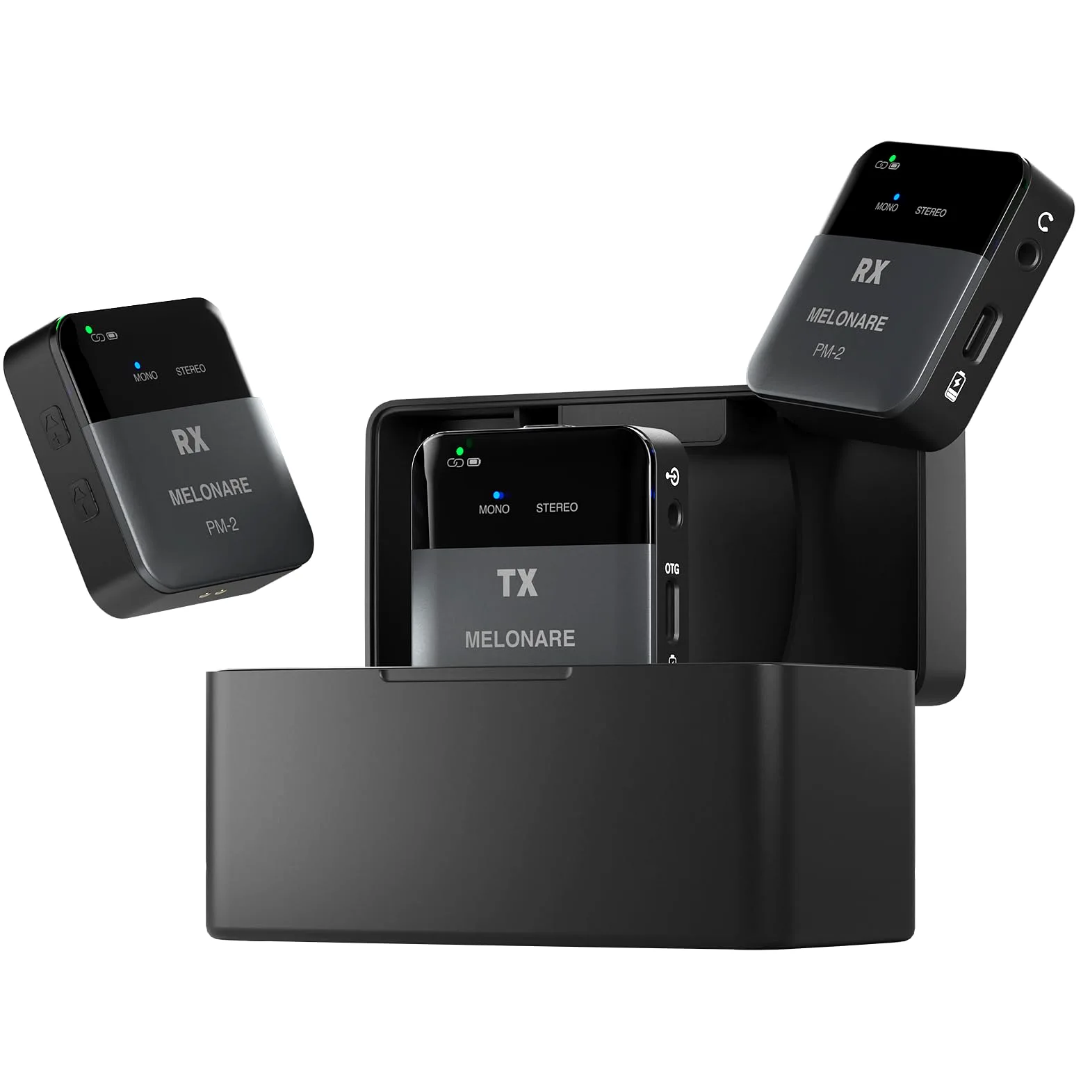MELONARE PM-2 - Sistema de monitor inalámbrico portátil con funda de carga, transmisor y receptor de audio inalámbrico, audio de 24 bits/48 kHz, entrada OTG, interruptor overol/estéreo, IEM para