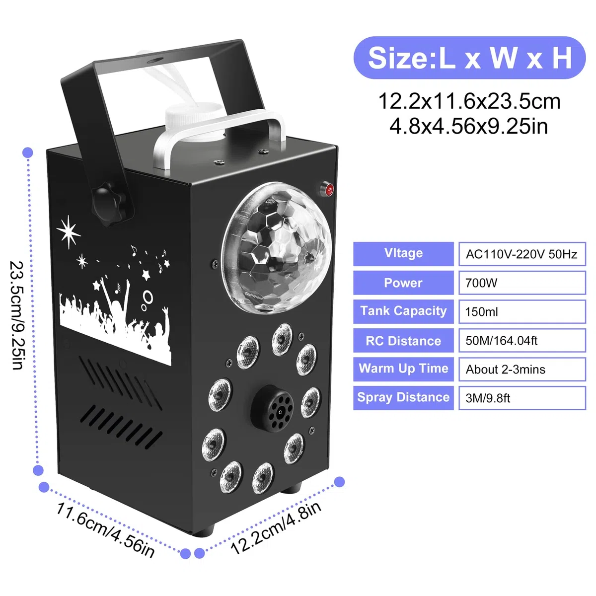 Máquina De Humo con Bola de Discoteca,Máquina de Humo con Efecto de Luz RGB de 9 LED,Mini Máquina de Humo de 700W con Función de Ciclo Automático con Control Remoto Inalámbrico Para Fiesta de Discotec