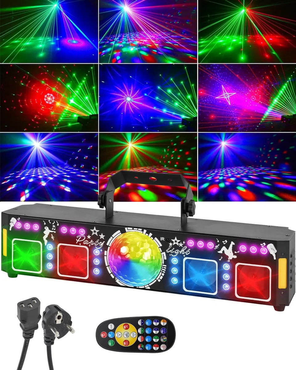 OUUTMEE Discoteca Para Fiestas,7 en 1 controlada por música,LED Cinco En Uno, Luces Escenario Fiestas de Efecto Intermitente y Control Remoto, Adecuada Cumpleaños, Halloween, Clubes Festivale