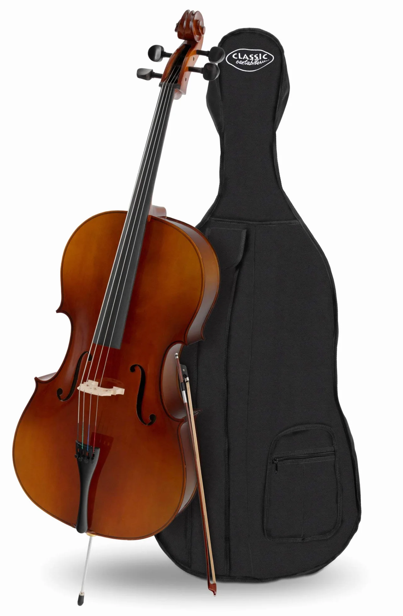 Classic Cantabile Student Cello 4/4 - tapa de abeto laminado - fondo, aros, mástil y puente de arce - diapasón: tilo tintado - clavijas y cejuela de arce ennegrecido - incluye arco y funda