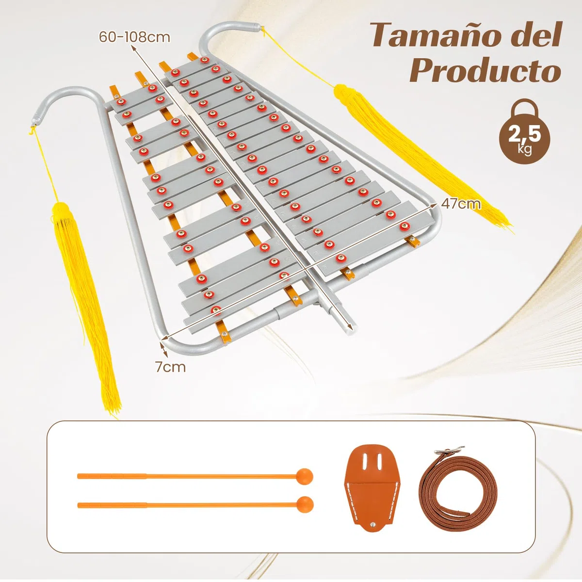 COSTWAY Xilófono Escolarcon Mango Ajustable, Kit de Campana Glockenspiel de 29 Notas para Adultos, 2 Mazos y Cinturón, Instrumento de Percusión Educativo para Principiantes y Profesionales, Plateado