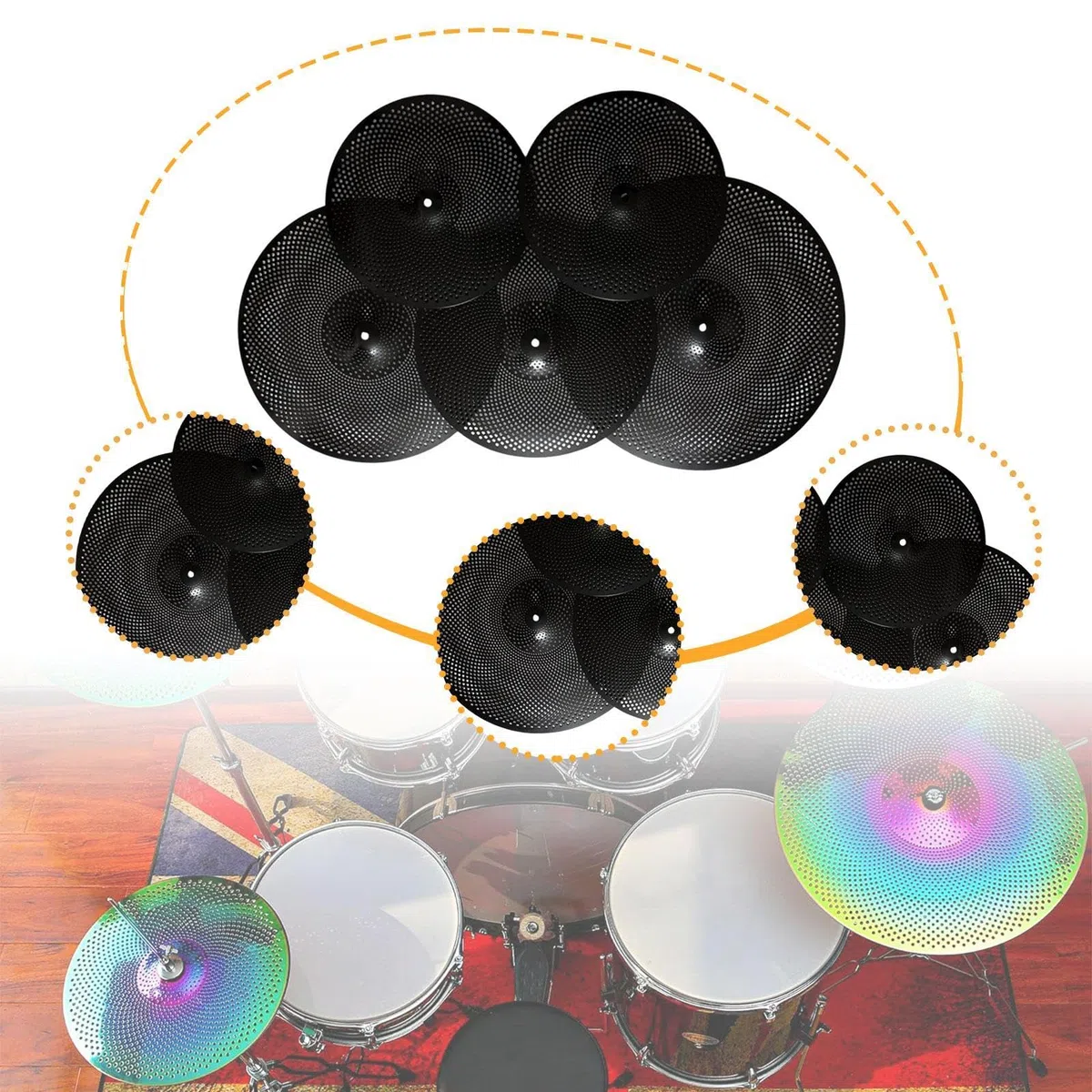 Generic Juego de 5 platillos de bajo volumen diseñados para una práctica silenciosa con tamaños esenciales para bateristas, color negro
