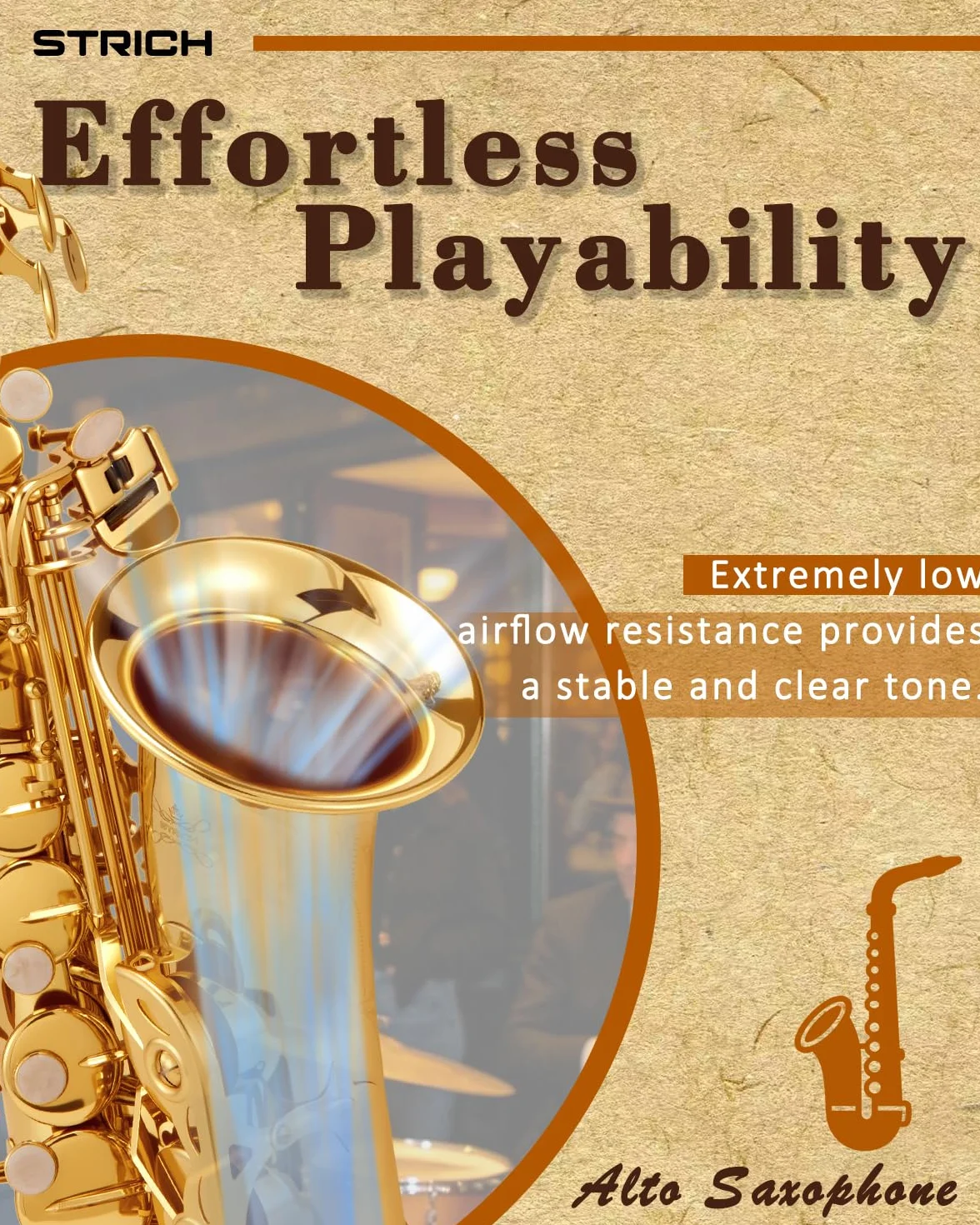 STRICH Kit de saxofón alto en Mi bemol para estudiantes principiantes, con correa para el cuello, boquilla y lengüetas, ideal para la banda del colegio y para practicar en casa, SSA-31G, dorado