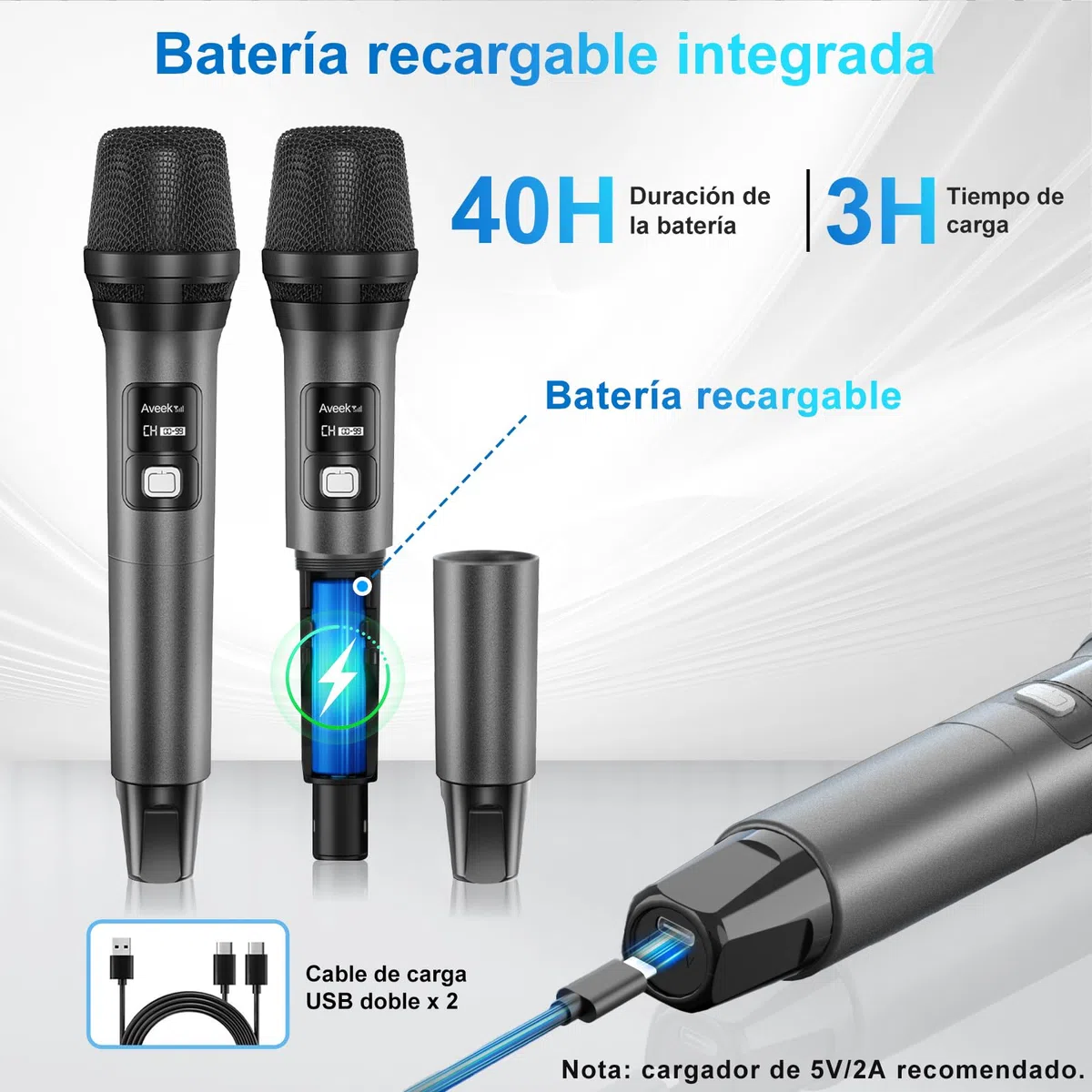 Aveek Sistema de Micrófono Inalámbrico con 4 Micrófonos de Mano Dinámicos, Alcance 80m, Batería 40 Horas, Sonido Estudio Baja Latencia para Karaoke, Canto, Discurso, Iglesia, Escenario, Boda, DJ