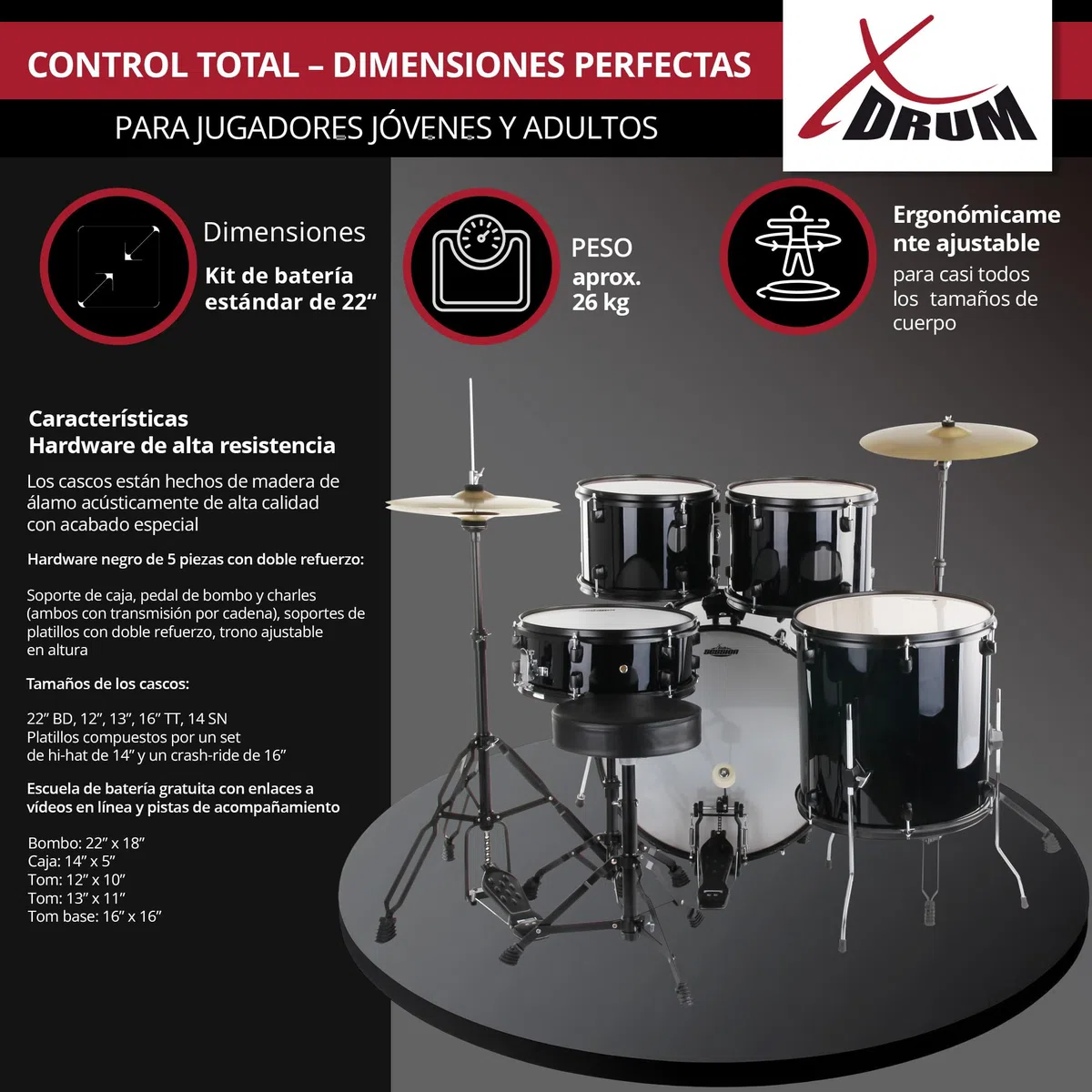 XDrum Rookie 22" Standard Set Completo de Batería Black - Ideal para Principiantes - Hardware Estilosa en negro - Incluye Baquetas 5B, Manual de Montaje y Escuela de Batería - Negro