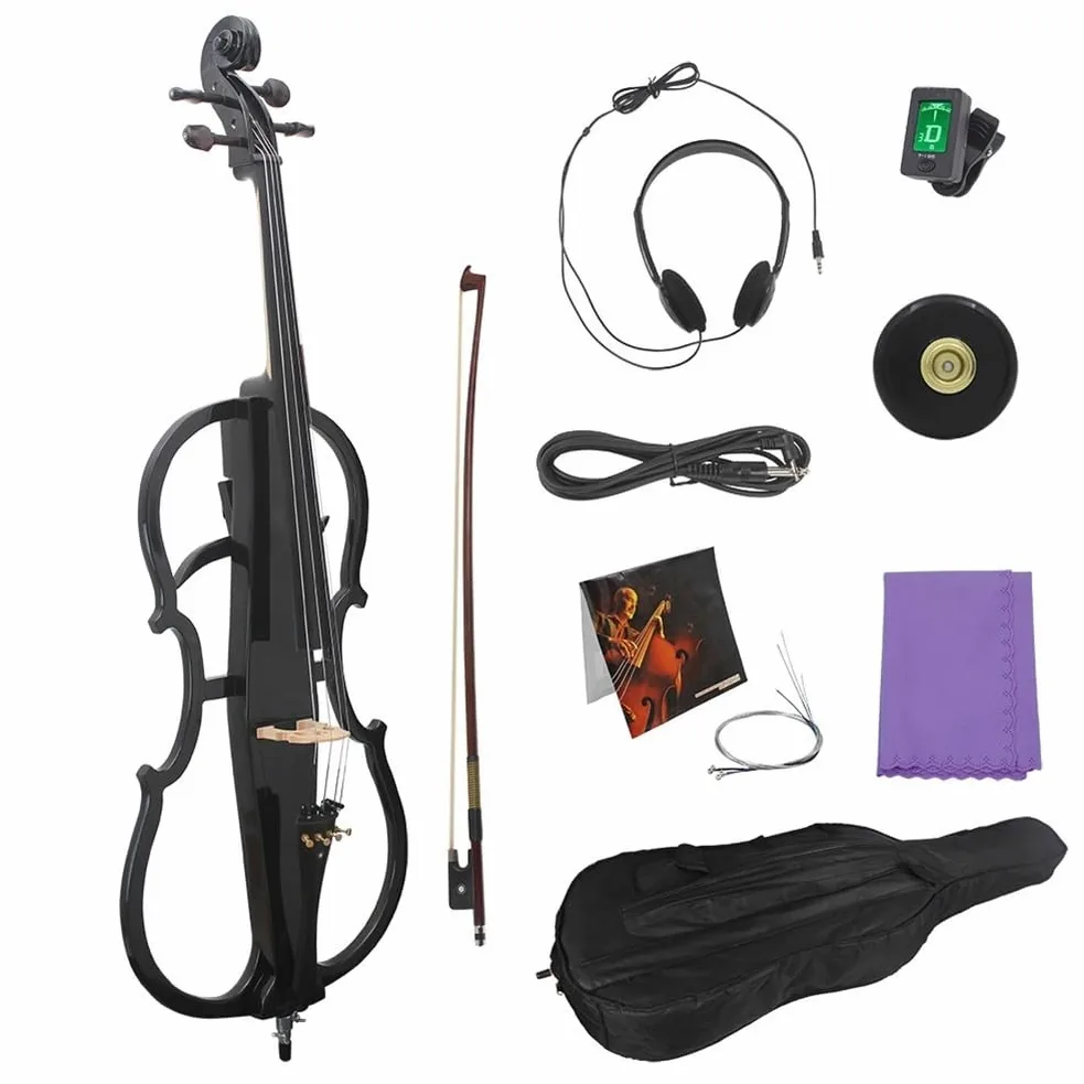 Violonchelo electrónico 4/4 negro Violonchelo eléctrico profesional Madera maciza Cuerpo de madera de arce Accesorios de ébano Instrumento musical con estuche Sintonizador de puente de arco