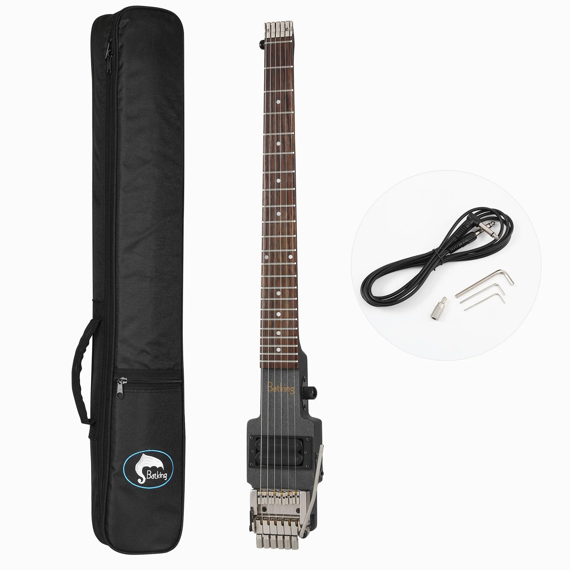 Batking Brand Traveler Guitarra principiantes, guitarra sin cabeza, kit de guitarra eléctrica para adultos con tamaño onvenience para viajes, incluye bolsa de concierto en color negro