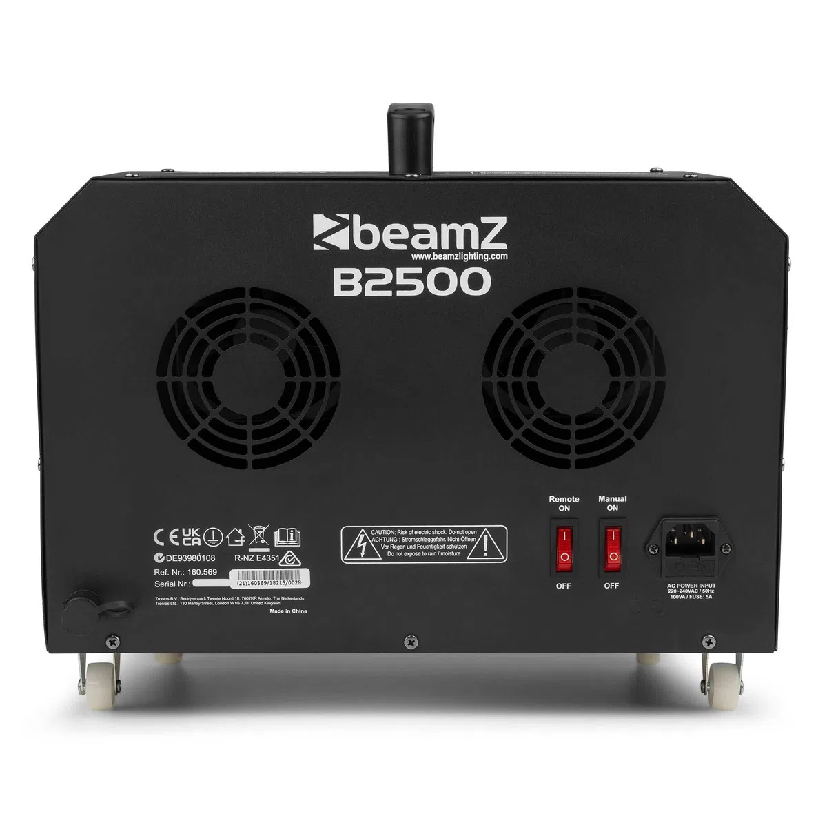 Beamz B2500 Maquina de burbujas Doble Pompero con mando a distancia para burbujas de jabón grandes (2 ruedas de burbujas, 2 potentes sopladores, funcionamiento a la red eléctrica) Bubble machine