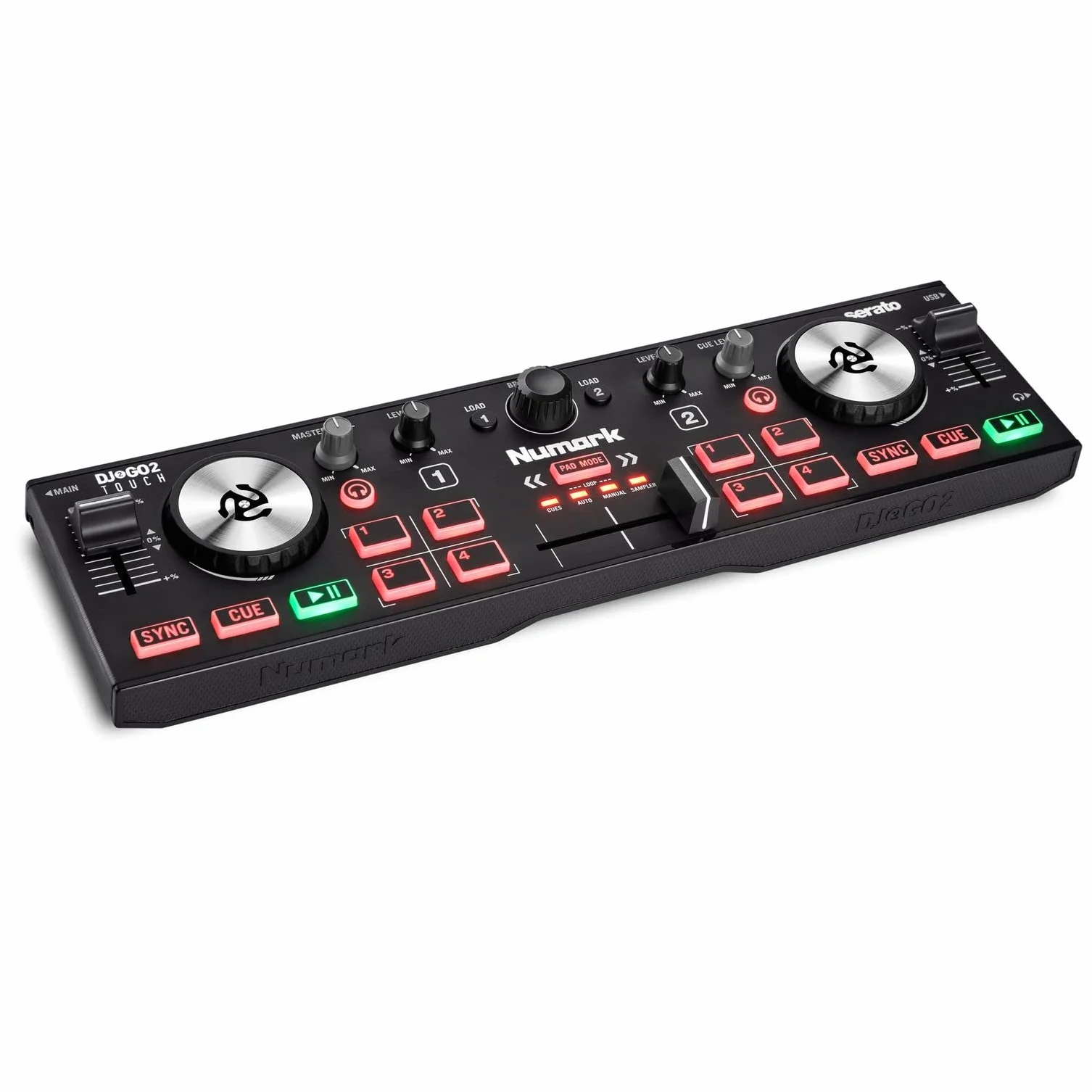 Numark DJ2GO2 Touch Controlador DJ USB Compacto de 2 Canales para Serato DJ Con Mezclador Crossfader, Interfaz de Audio y Jog Wheels de Sensibilidad Táctil