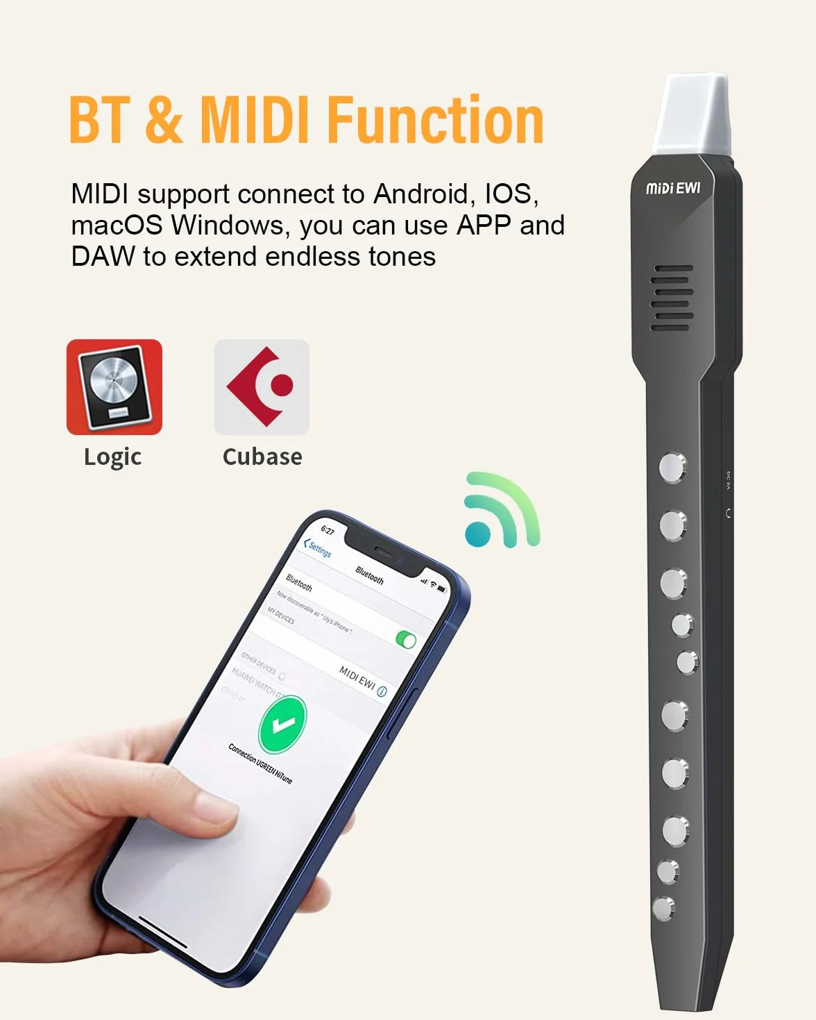 Instrumento de viento digital, instrumento de viento eléctrico blanco compatible con MIDI Bluetooth boquilla extraíble y cable de alimentación, 10 tonos de instrumentos musicales incorporados
