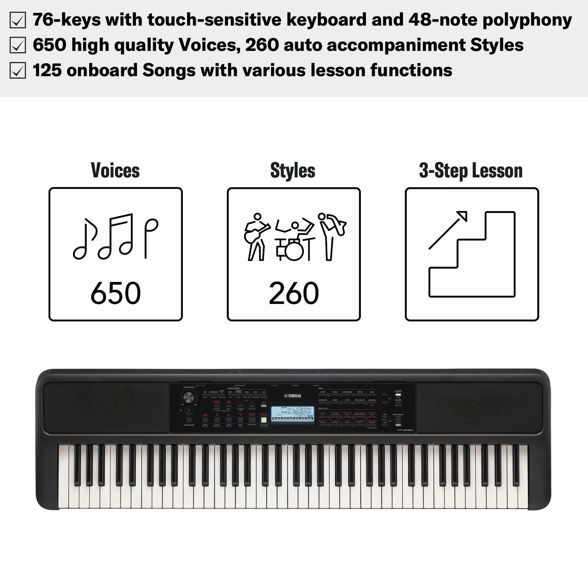 Yamaha PSR-EW320 Teclado portátil para principiantes, 650 voces de instrumentos auténticos y 76 teclas sensibles a la pulsación con polifonía de 48 notas, incluye 2 clases online