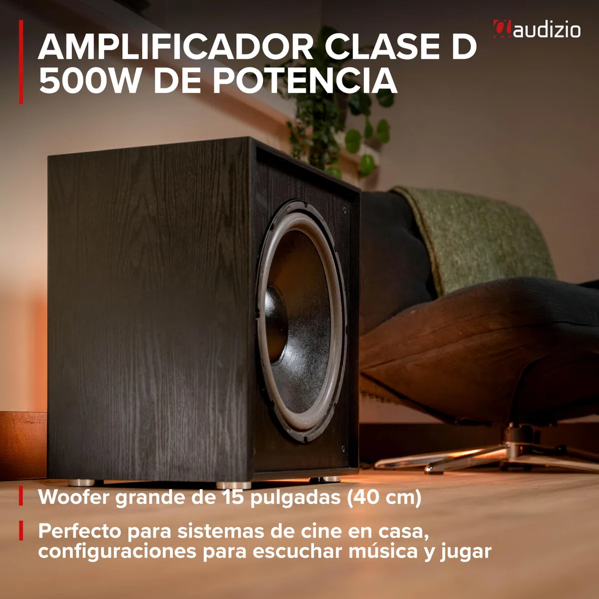 Audizio SHFS15B – Subwoofer Activo de 15 Pulgadas para Home Cinema con Amplificador Clase D, 500W, Graves Profundos, Crossover Ajustable, Bass Reflex conexión RCA y bornas, Color Negro