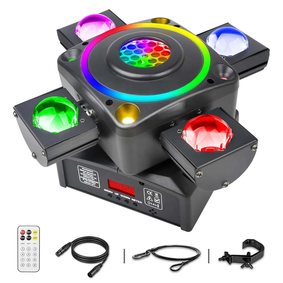 Luces de DJ de cabeza móvil de 4 brazos, luces de fiesta para interiores con control remoto de 120 W RGBW 4 en 1, luz LED DMX512 y luz de discoteca giratoria activada por sonido