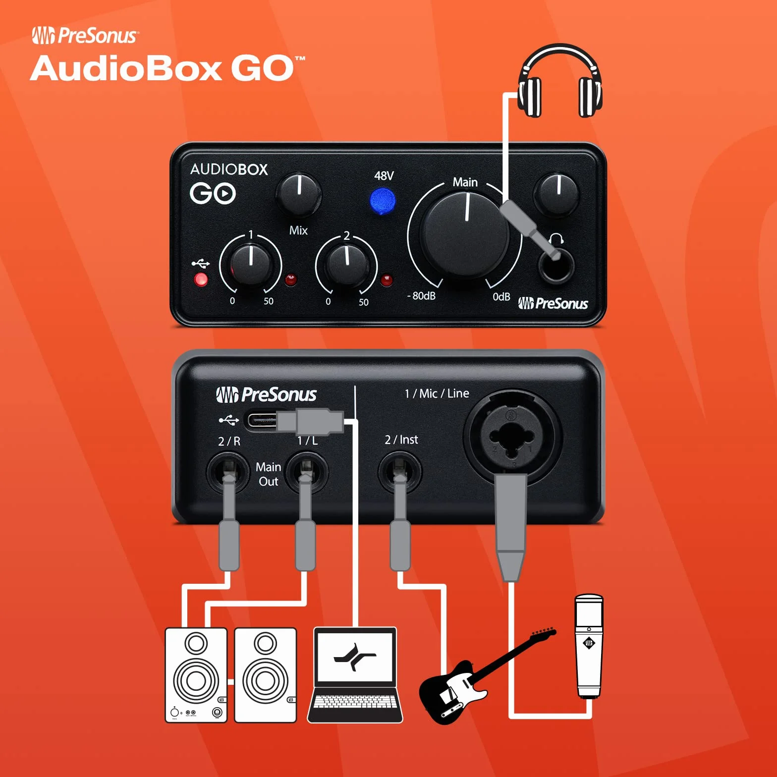 PreSonus AudioBox GO, Interfaz de Audio USB-C, Para Producción Musical con Software de Grabación Studio One, Tutoriales Musicales, Ejemplos de Sonido e Instrumentos Virtuales