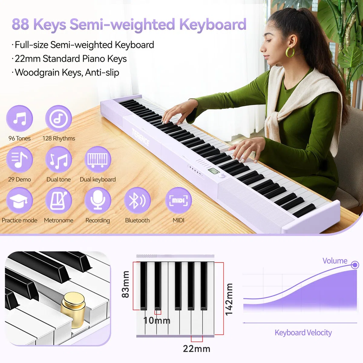 TERENCE Piano Plegable de 88 teclas con batería de 1800mAh 2x5W Altavoces Pedal Piano Bluetooth interfaz MIDI soporte para partituras bolsa adhesiva cable de audio pedal piano púrpura