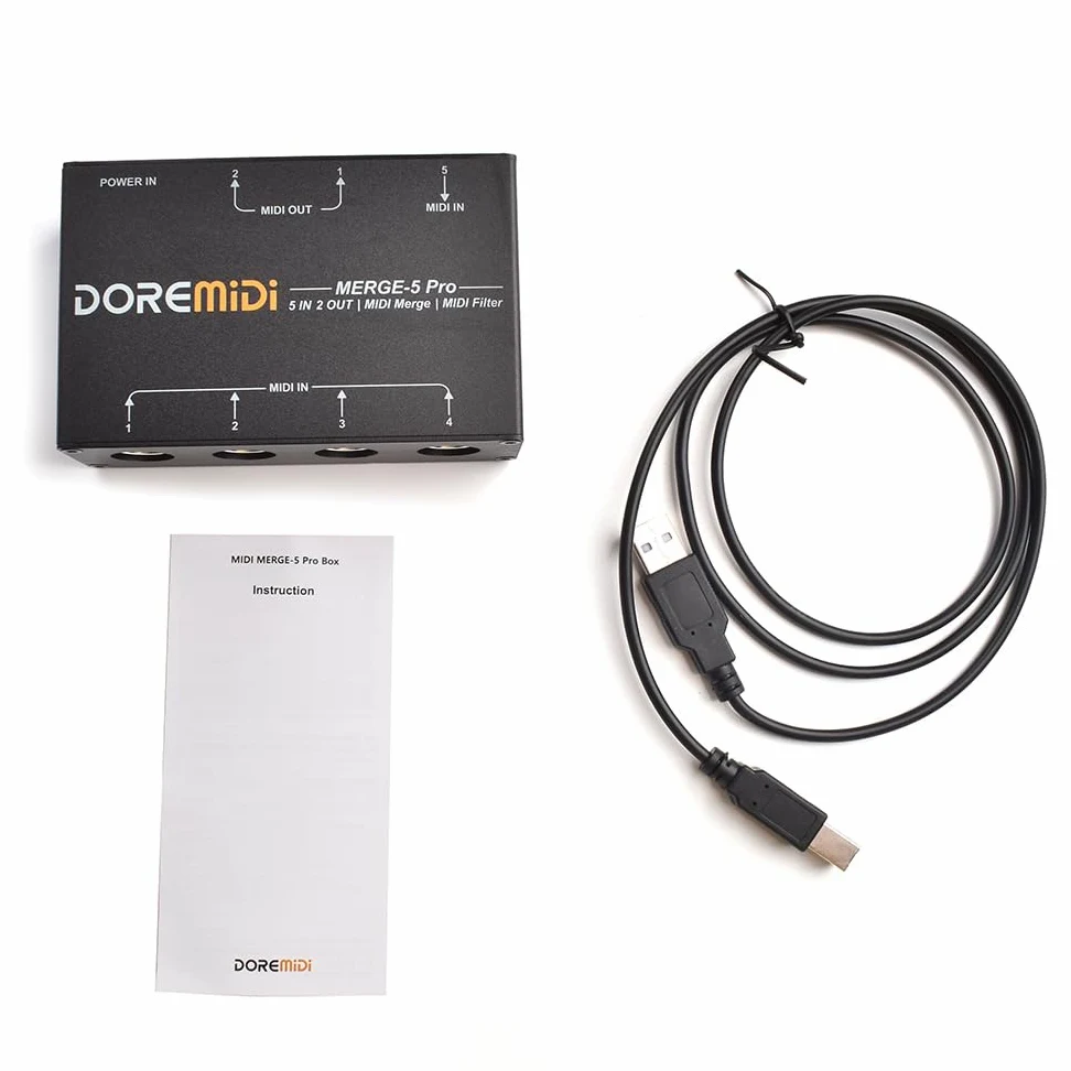 MERGE-5 Pro puede fusionar hasta 5 señales de entrada MIDI en 1 flujo de datos MIDI que se puede emitir directamente a través de 2 interfaces MIDI