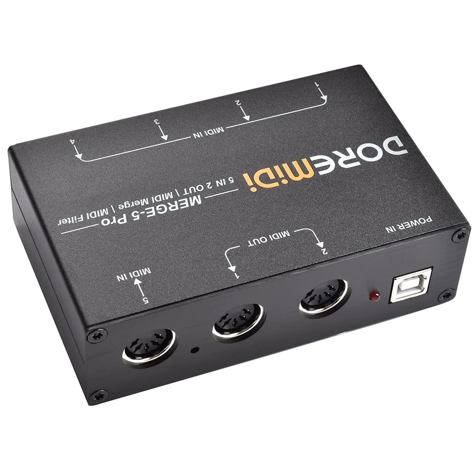 MERGE-5 Pro puede fusionar hasta 5 señales de entrada MIDI en 1 flujo de datos MIDI que se puede emitir directamente a través de 2 interfaces MIDI