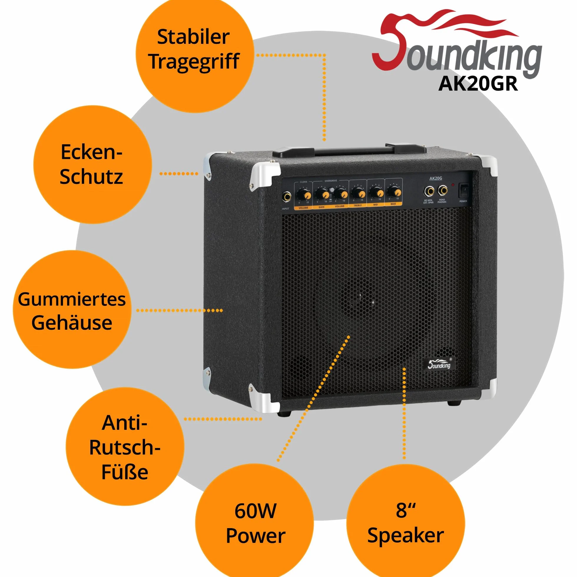 Amplificador Guitarra Soundking AK20-G 60W, Ecualizador 3 Bandas, Altavoz 8", 2 Canales, Salida Auriculares y Altavoz, Ideal Principiantes, Esquinas Protectores Extra Resistentes.