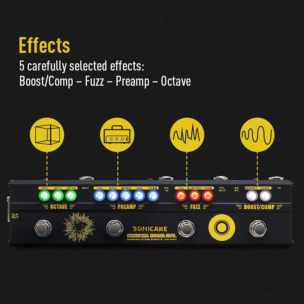 SONICAKE Bass Effects Pedales multiefecto preamplificador compresor Boost Fuzz Octava Multi Efectos Pedal Boom Ave con FX Loop
