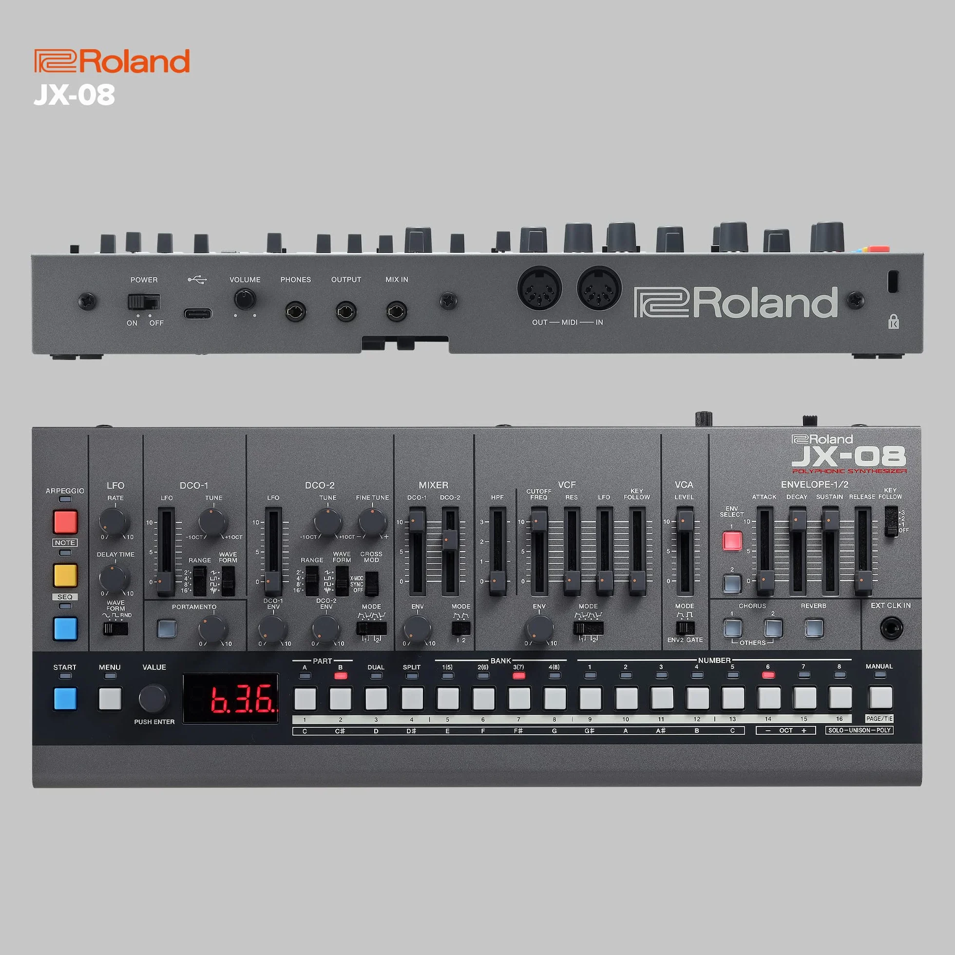 Sintetizador Boutique y módulo de sonido Roland JX-08 – Reedición moderna y compacta del mítico Roland JX-8P de 1985 con nuevos efectos, secuenciador polifónico y más – Ligero, portátil