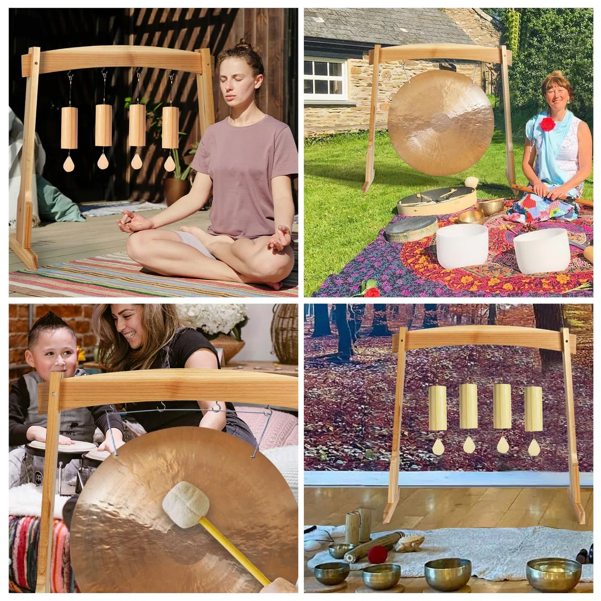 Soportes para gong de 14 pulgadas, soporte de madera para campanillas de viento con base para 1 gong o 4 campanillas, soporte multiusos ligero y portátil, fácil montaje para curación de