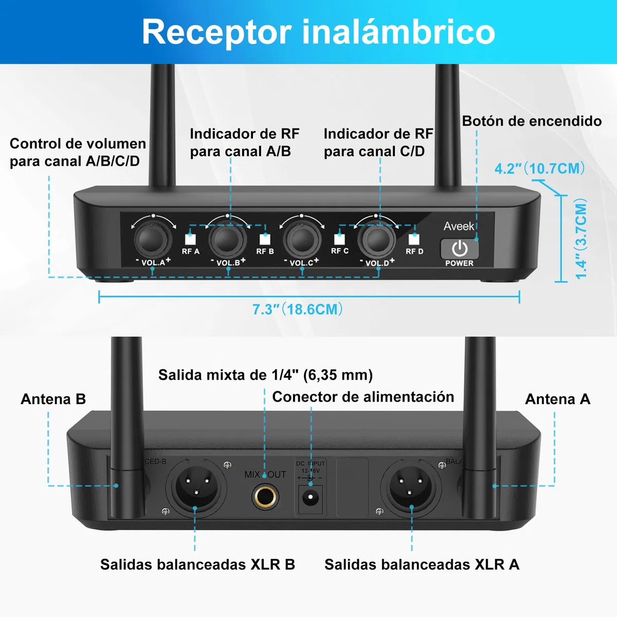 Aveek Sistema de Micrófono Inalámbrico con 4 Micrófonos de Mano Dinámicos, Alcance 80m, Batería 40 Horas, Sonido Estudio Baja Latencia para Karaoke, Canto, Discurso, Iglesia, Escenario, Boda, DJ