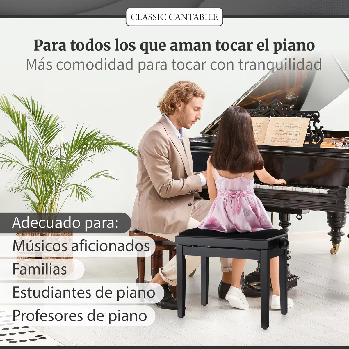 Classic Cantabile Banqueta para Piano Negro Mate - Altura Regulable de 47-56cm - Banco con Mecanismo de husillo - Asiento de Taburete 55 x 32cm - Silla con Funda de Terciopelo, Estable