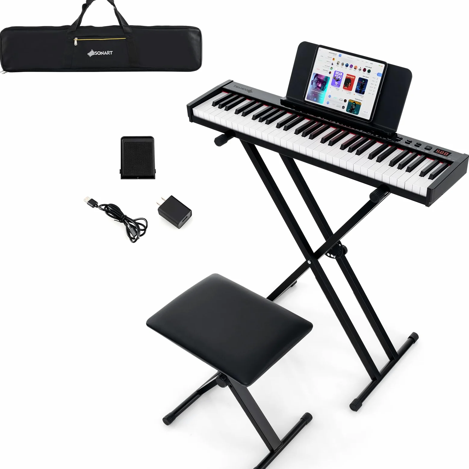 KOMFOTTEU Piano Digital 61 Teclas con Soporte y Taburet, Teclado de Piano Electrónico, Teclas Semipesadas, Piano Digital para Principiante, con Bolsa de Piano