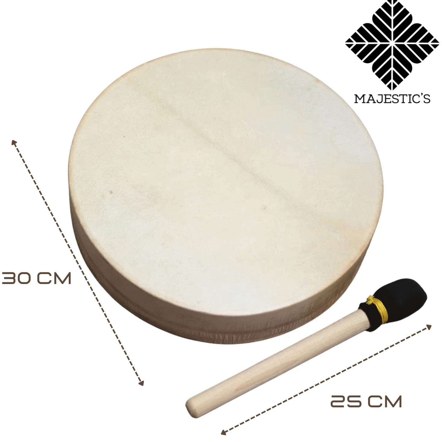 Tambor Chamánico Nativo de Madera y Piel de Cabra 30 cm, hecho a mano, para Rituales Chamánicos y Meditación + Mailloche