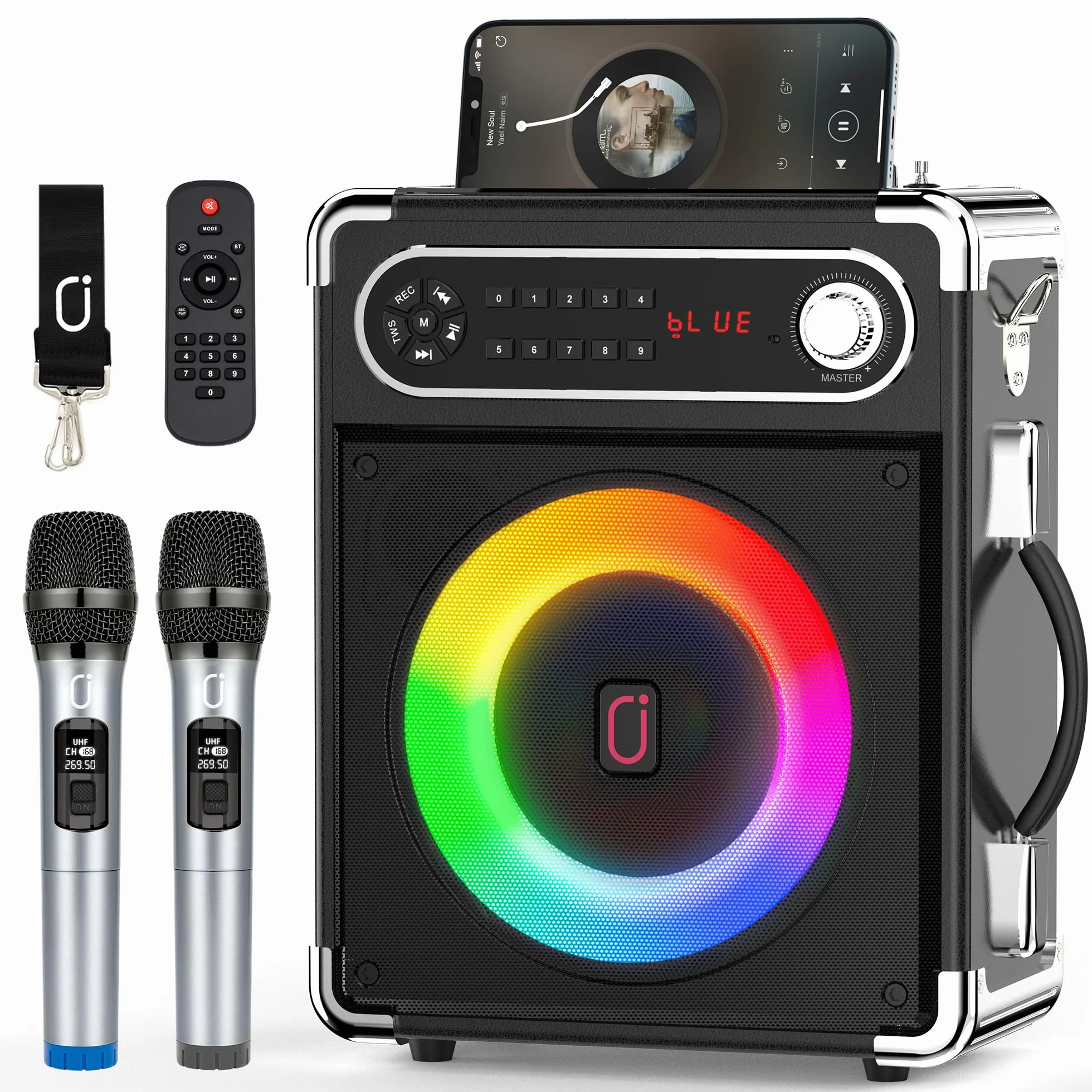 JYX Altavoz Karaoke con 2 Micrófonos Inalámbricos, Máquina de Karaoke Portátil con DJ Luces, Altavoces Bluetooth Sistema PA Soporte FM/USB/TF Card/Rec/AUX para la Party Fiesta