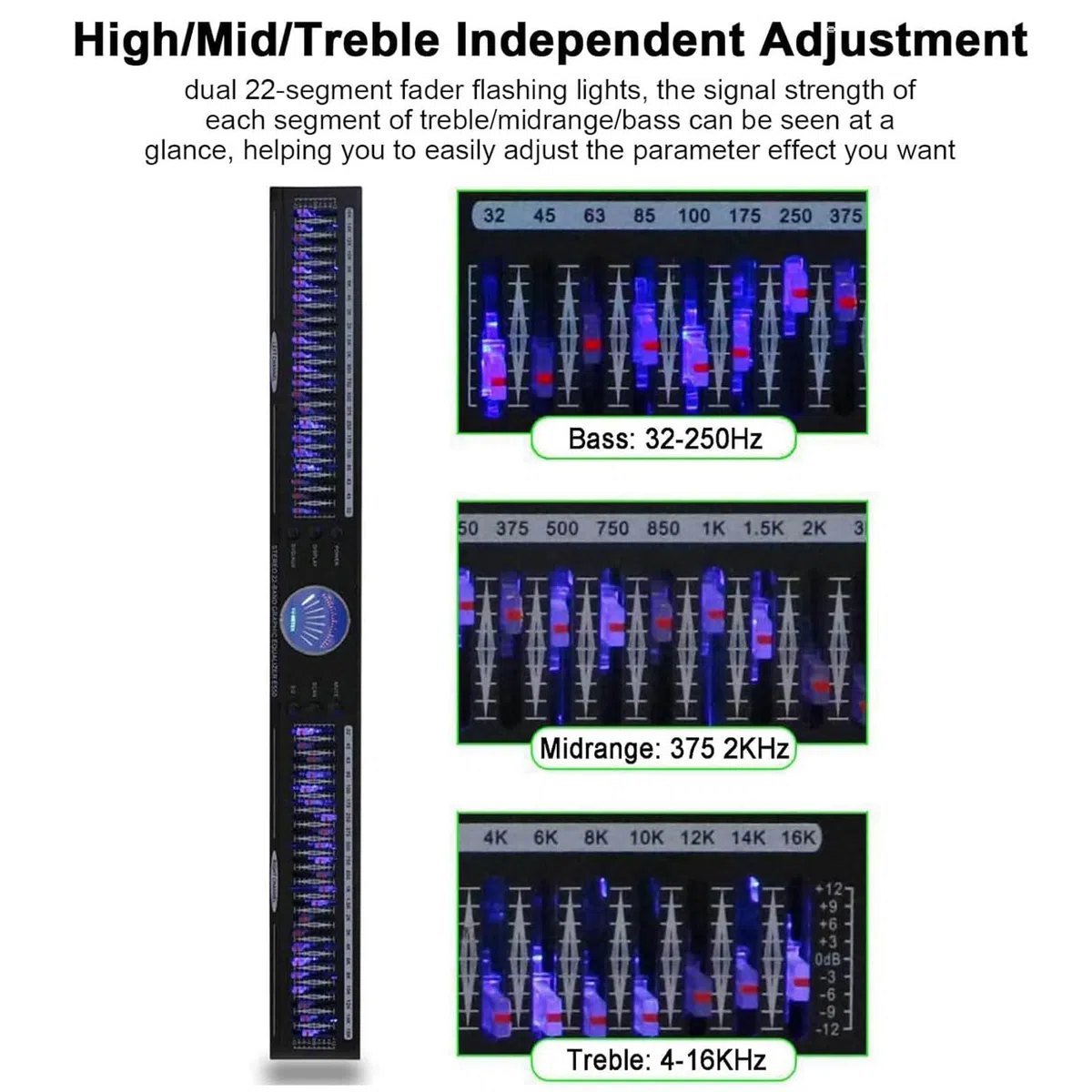 Ecualizador Digital de 22 Bandas, Ecualizador gráfico de Doble Canal, Ecualizador gráfico estéreo de Audio Digital con 10 Efectos preestablecidos, Ajuste de Graves, Medios y Agudos