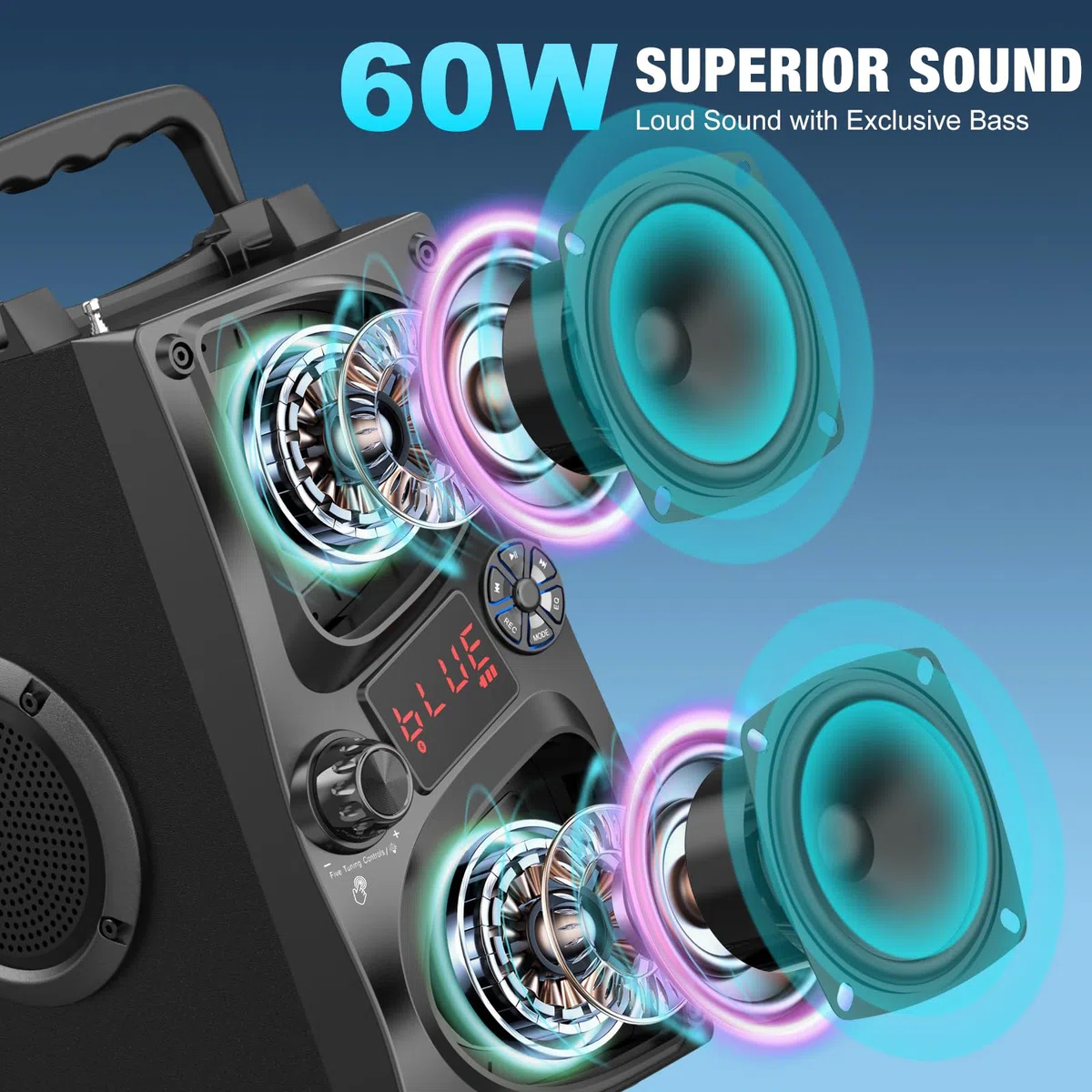 Altavoz Bluetooth Portátil con Subwoofer, 60W Pico, Potente Boombox Grande, Sonido Estéreo Inalámbrico, EQ, Control Remoto, Luces LED, Ideal para Fiestas, Exteriores, Regalos de Cumpleaños Vacaciones