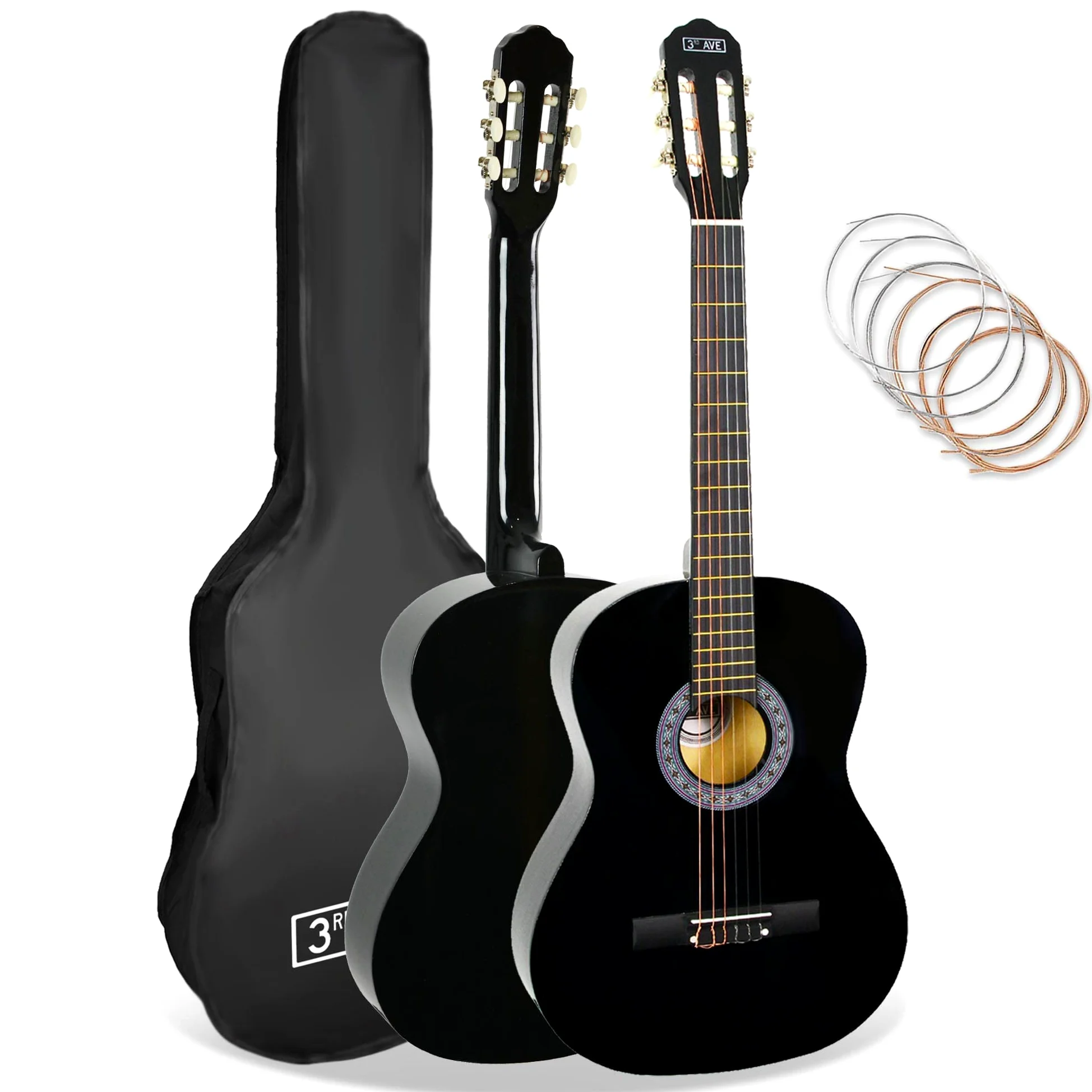 3rd Avenue Paquete Para Principiantes Con Cuerdas De Nailon Español Para Guitarra Clásica 4/4 De Tamaño Completo De – 6 Meses De Lecciones Gratis, Bolsa Y Cuerdas – Negro