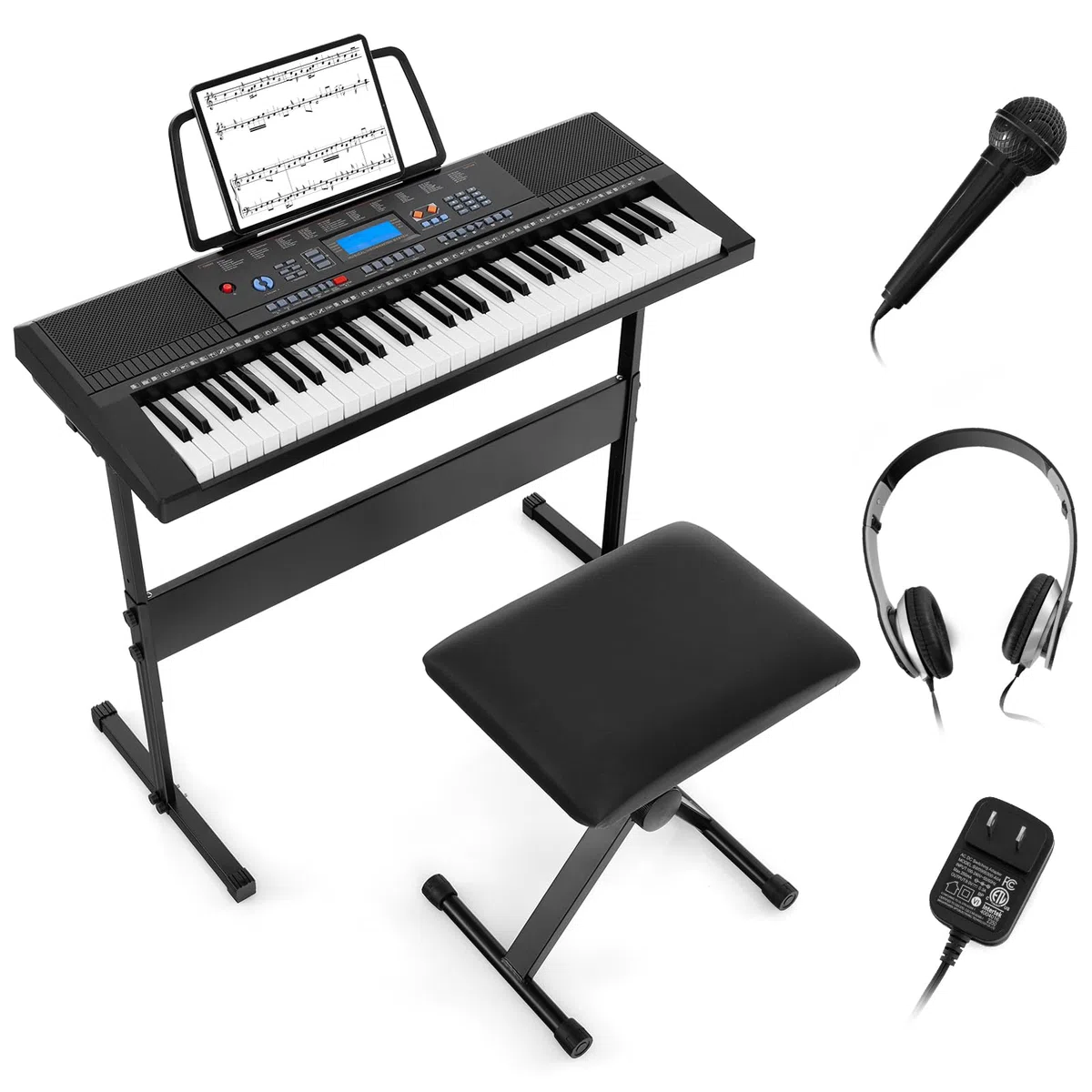 KOMFOTTEU Teclado Electrónico de 61 Teclas, Piano Digital con Soporte y Banco, Piano Electrónico con Micrófono, 300 Timbres y Ritmos, 50 Canciones de Demostración, Auriculares y Atril