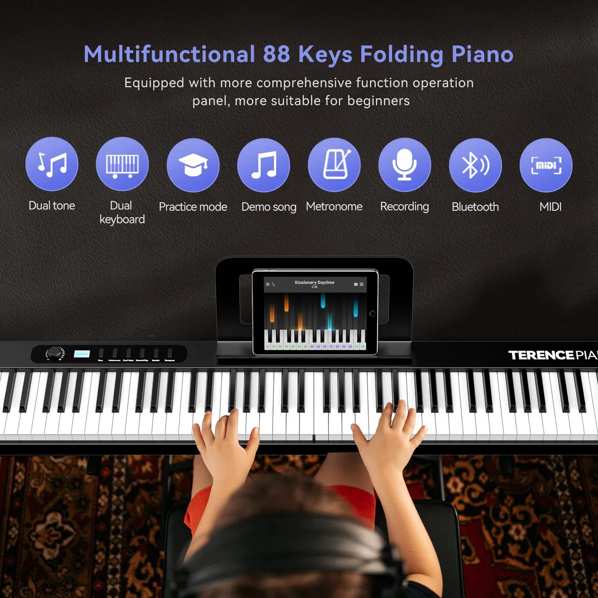 TERENCE Piano Plegable de 88 teclas con batería de 1750mAh semi-ponderadas pedal de sostenido Bluetooth interfaz MIDI soporte para partituras bolsa adhesiva cable de audio