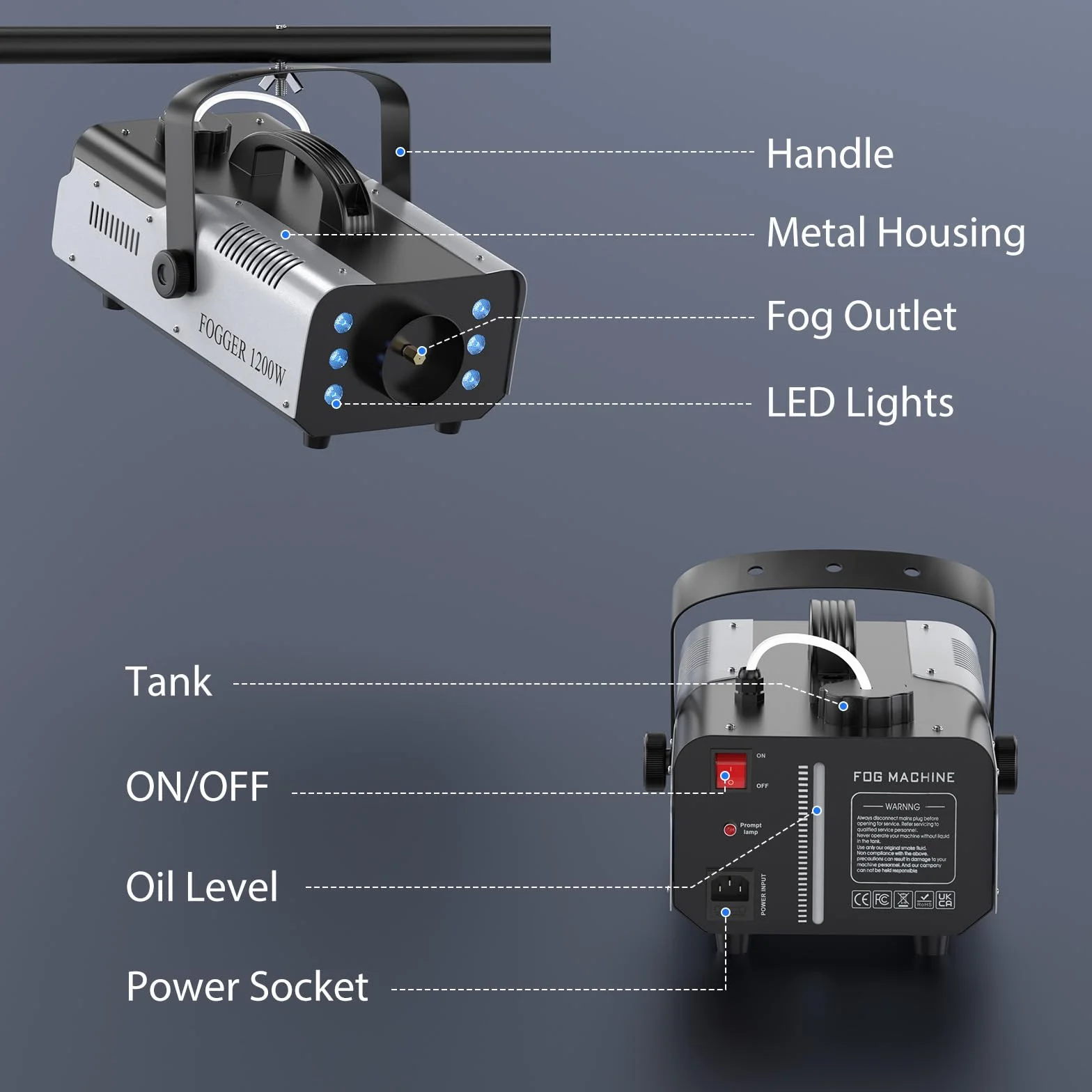 1200W Máquina de Humo con Luces Controlables, UKing RGB Maquina Niebla con Control Remoto y Tanque de 1L para Halloween, Bodas, Fiestas, Teatro, Discoteca