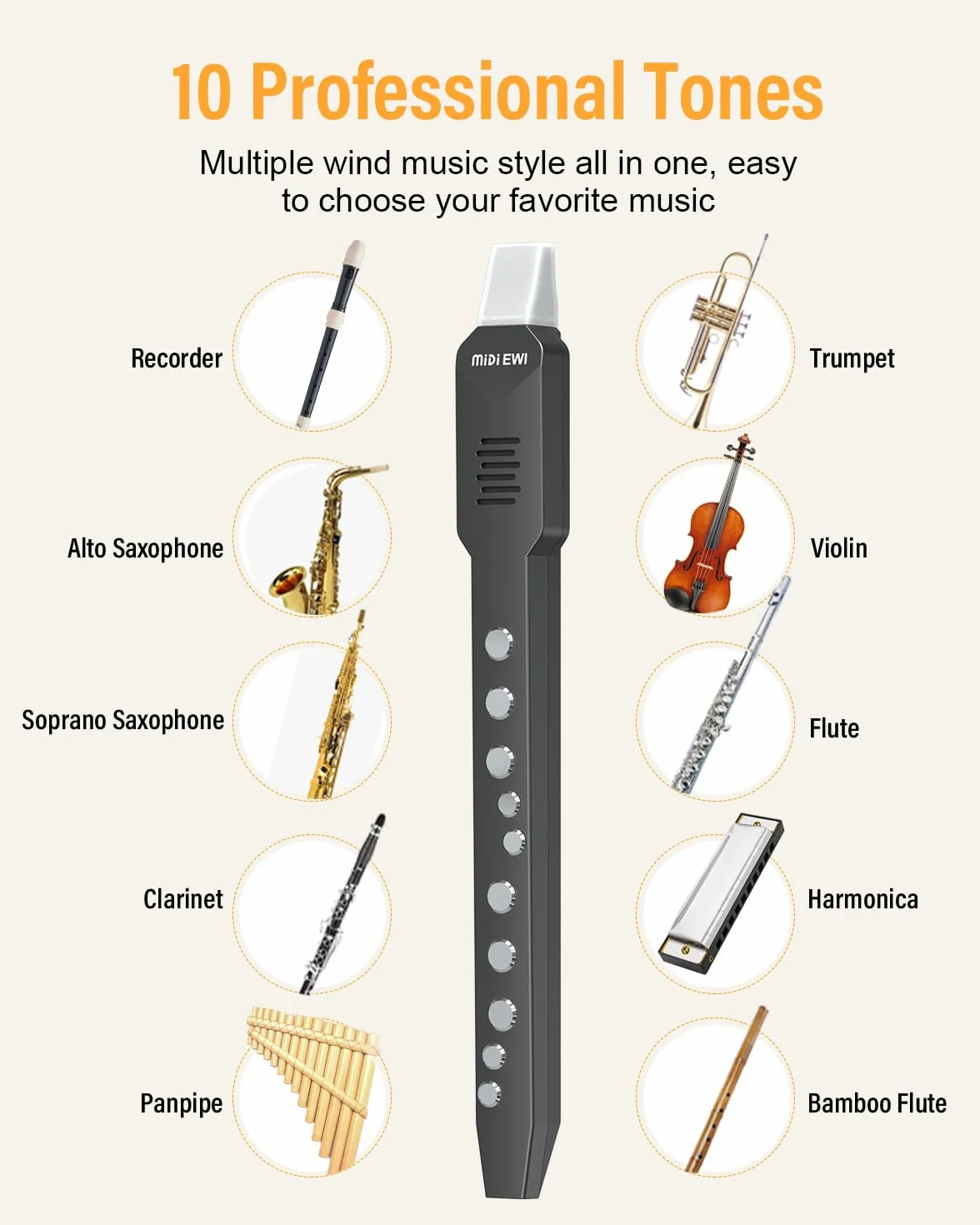 Instrumento de viento digital, instrumento de viento eléctrico blanco compatible con MIDI Bluetooth boquilla extraíble y cable de alimentación, 10 tonos de instrumentos musicales incorporados