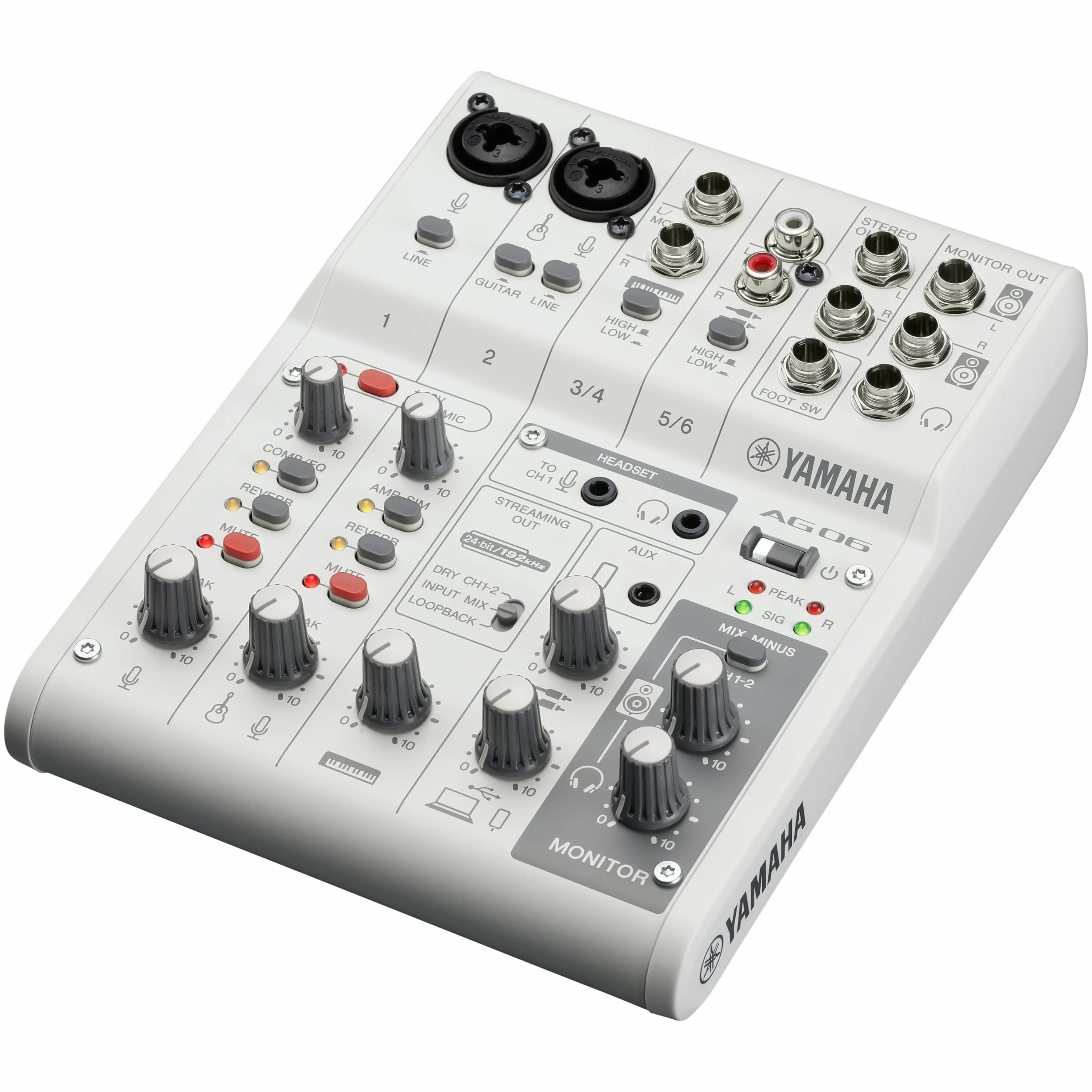 Yamaha AG06MK2 Mezclador de Transmisión en Vivo de 6 Canales con Interfaz de Audio USB, para Windows, Mac, iOS y Android, en Blanco