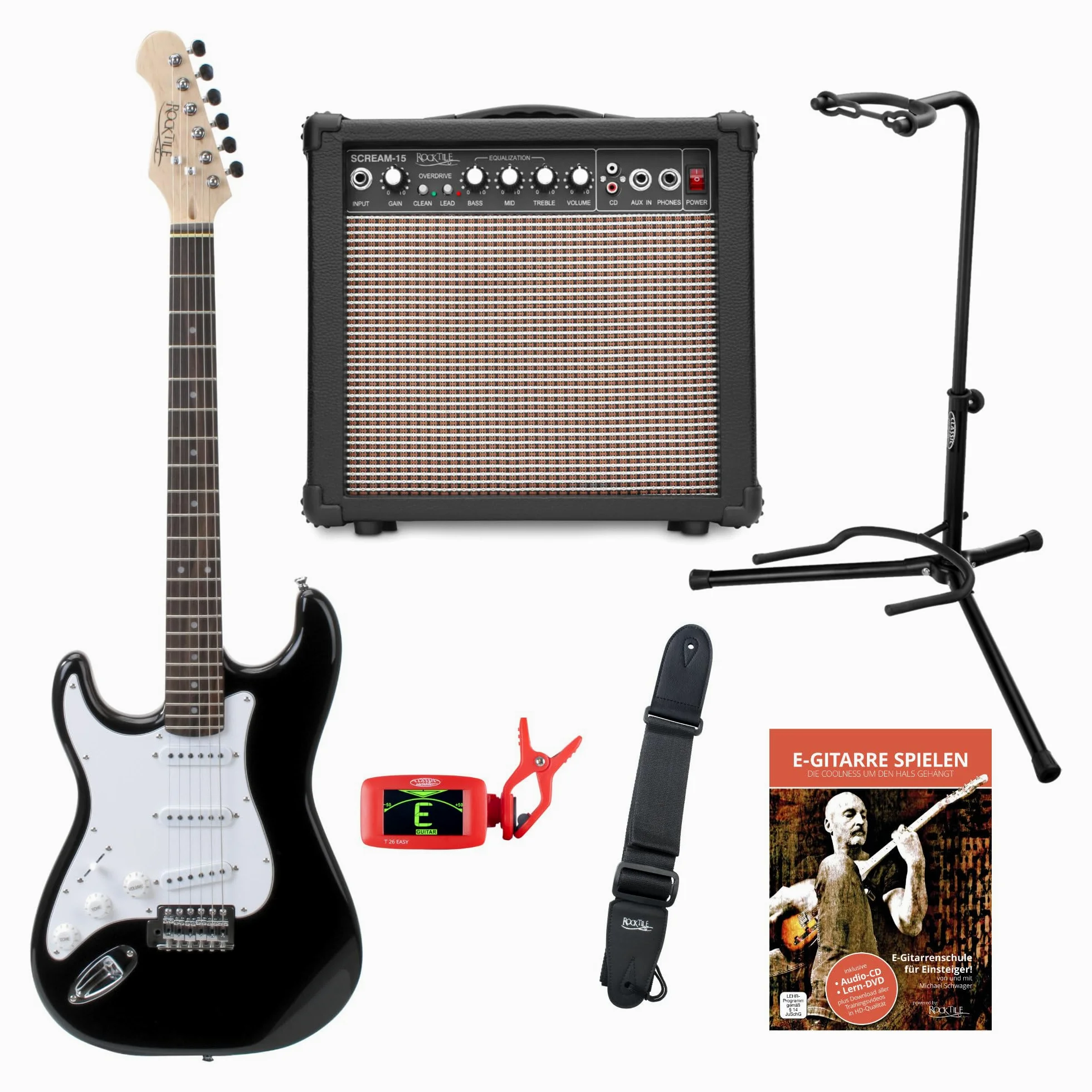 Rocktile Pro ST3 BK RW L Set de Guitarra Eléctrica para Zurdos – Guitarra Eléctrica para Principiantes – Amplificador, Soporte, Escuela, Afinador Clip y Correa – Modelo para Zurdo Principiante