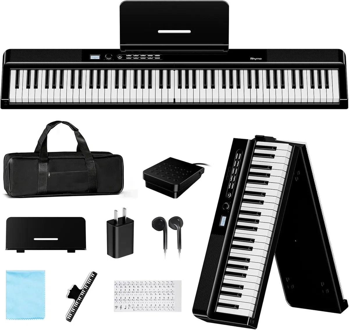 Teclado plegable de 88 teclas, Rhymo tamaño completo, portátil, semipesado, con 2 altavoces estéreo envolvente de 15 W, MIDI USB, Bluetooth, pedal de sostenimiento (Negro)