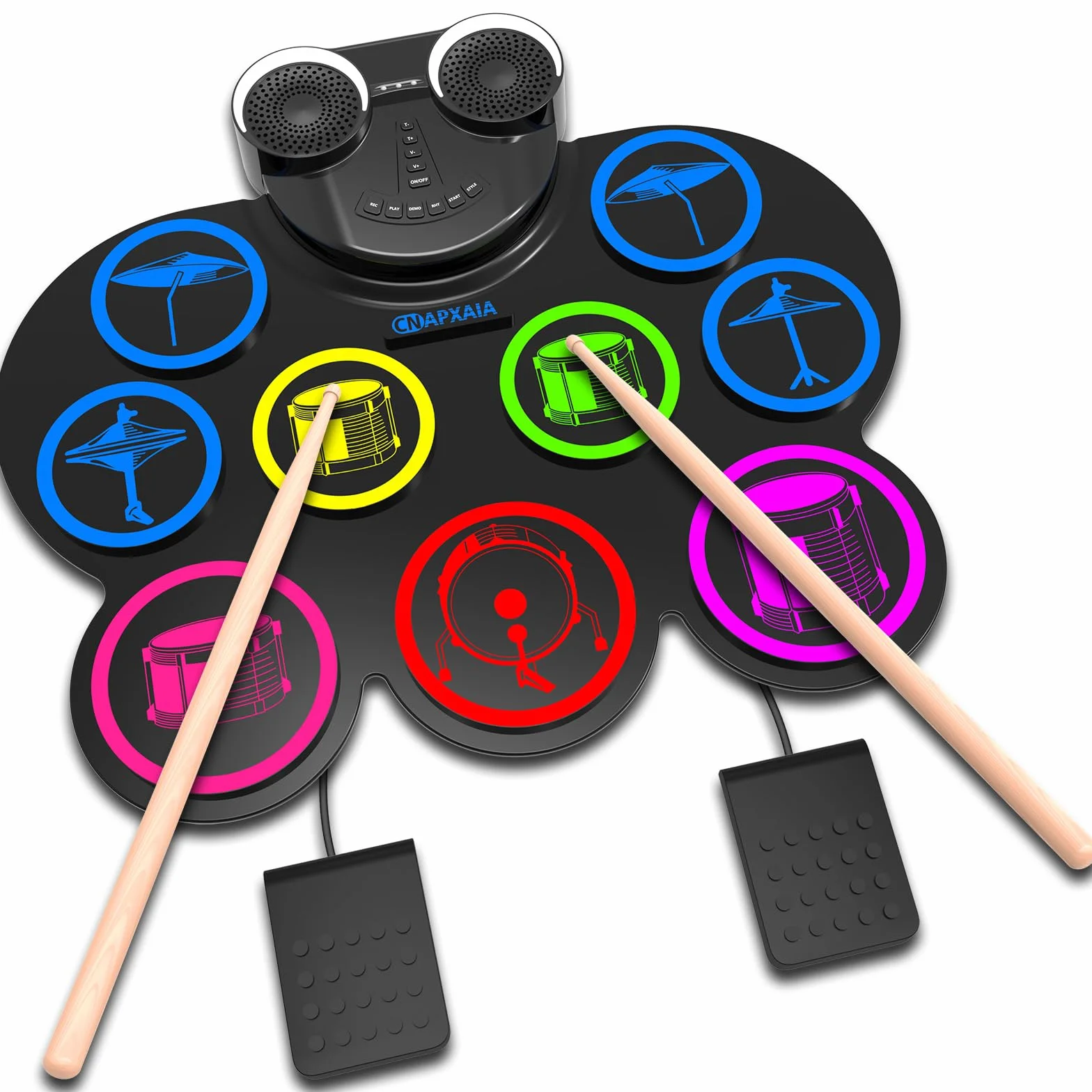CNAPXAIA Batería Electrónica, 9 Pads Batería Musical Enrollable con Altavoz Incorporado/Bluetooth/MIDI, Set de Bateria Electrica Instrumentos Musicales para Infantil y Principiantes