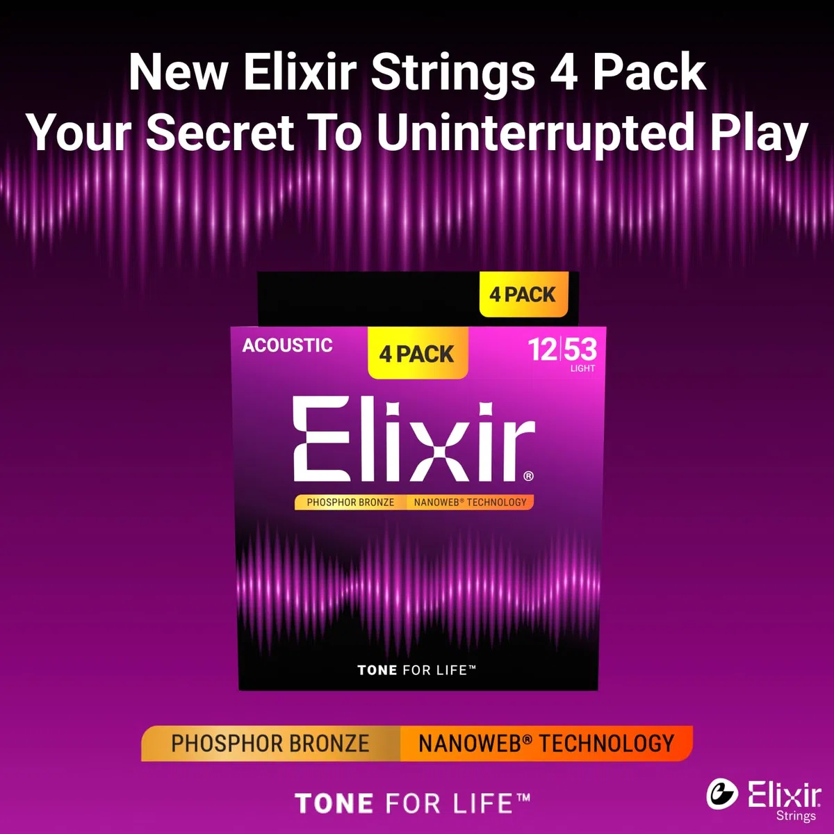 Elixir Cuerdas Strings de bronce fosforado para guitarra acústica con tecnología NANOWEB, ligeras (.012-.053), paquete de 4 unidades especial de Amazon