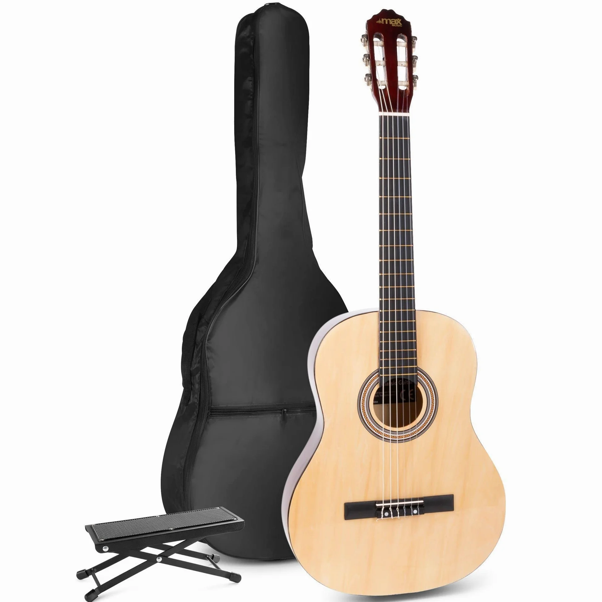 MAX SoloArt Guitarra Clásica Madera para Principiantes y Adultos - Set Completo con Reposapiés, Funda, Afinador Digital, Púas, Correa y Cuerdas - Ideal para Aprender con Comodidad y Estilo