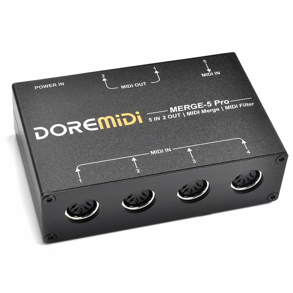 MERGE-5 Pro puede fusionar hasta 5 señales de entrada MIDI en 1 flujo de datos MIDI que se puede emitir directamente a través de 2 interfaces MIDI