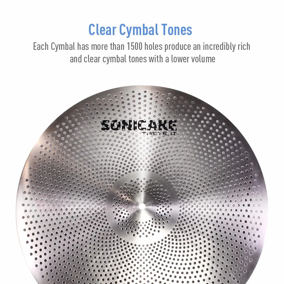 SONICAKE Juego de platillos de bajo volumen 14" HiHat+16" Crash+18" Crash+20" Ride Cymbal Set Plata 5 piezas con bolsa de cadera y accesorio