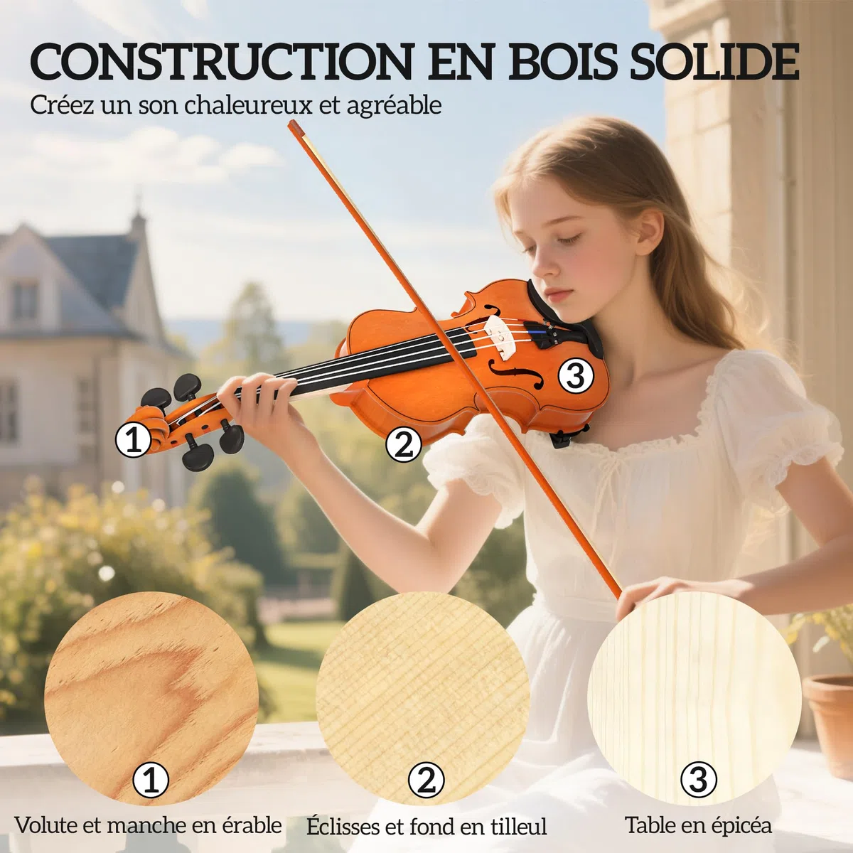 HOMCOM Violín 4/4, juego de violín de madera maciza para adultos y principiantes, con estuche ligero y portátil, arco, colofonia, puente y bandolera, marrón