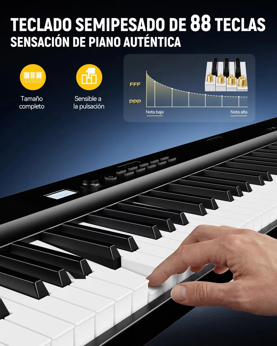Teclado plegable de 88 teclas, Rhymo tamaño completo, portátil, semipesado, con 2 altavoces estéreo envolvente de 15 W, MIDI USB, Bluetooth, pedal de sostenimiento (Negro)