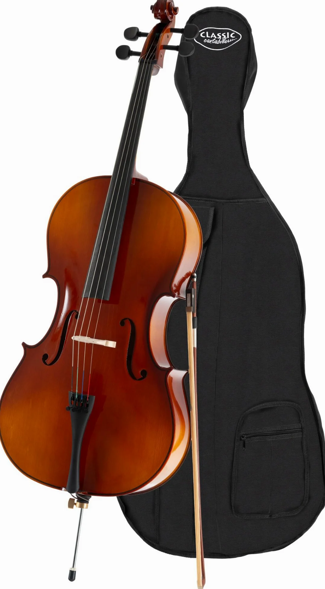 Classic Cantabile Student Violonchelo 3/4 - tapa de abeto laminado - fondo, aros, mástil y puente de arce - diapasón: tilo tintado - clavijas y cejuela de arce ennegrecido - incluye arco y funda